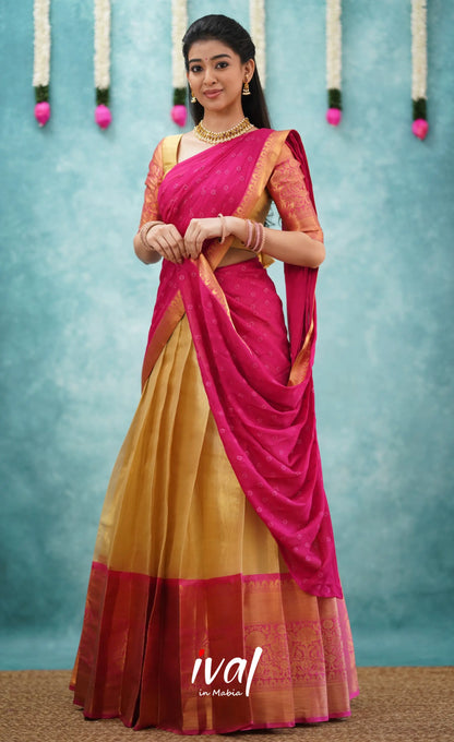 Izhaiyini Shade Of Pink And Gold Tone Organza Halfsaree Half Sarees