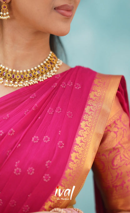 Izhaiyini Shade Of Pink And Gold Tone Organza Halfsaree Half Sarees