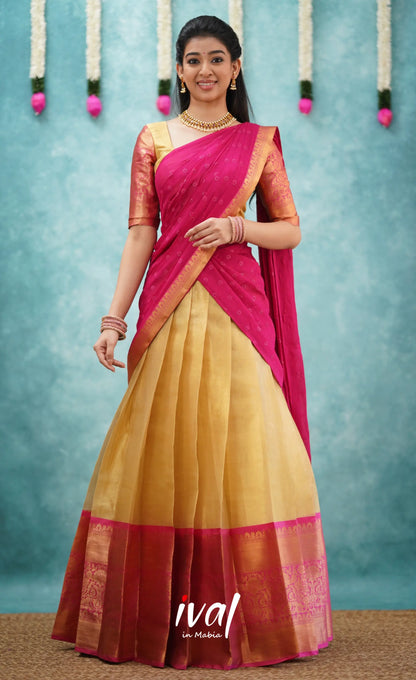 Izhaiyini Shade Of Pink And Gold Tone Organza Halfsaree Half Sarees