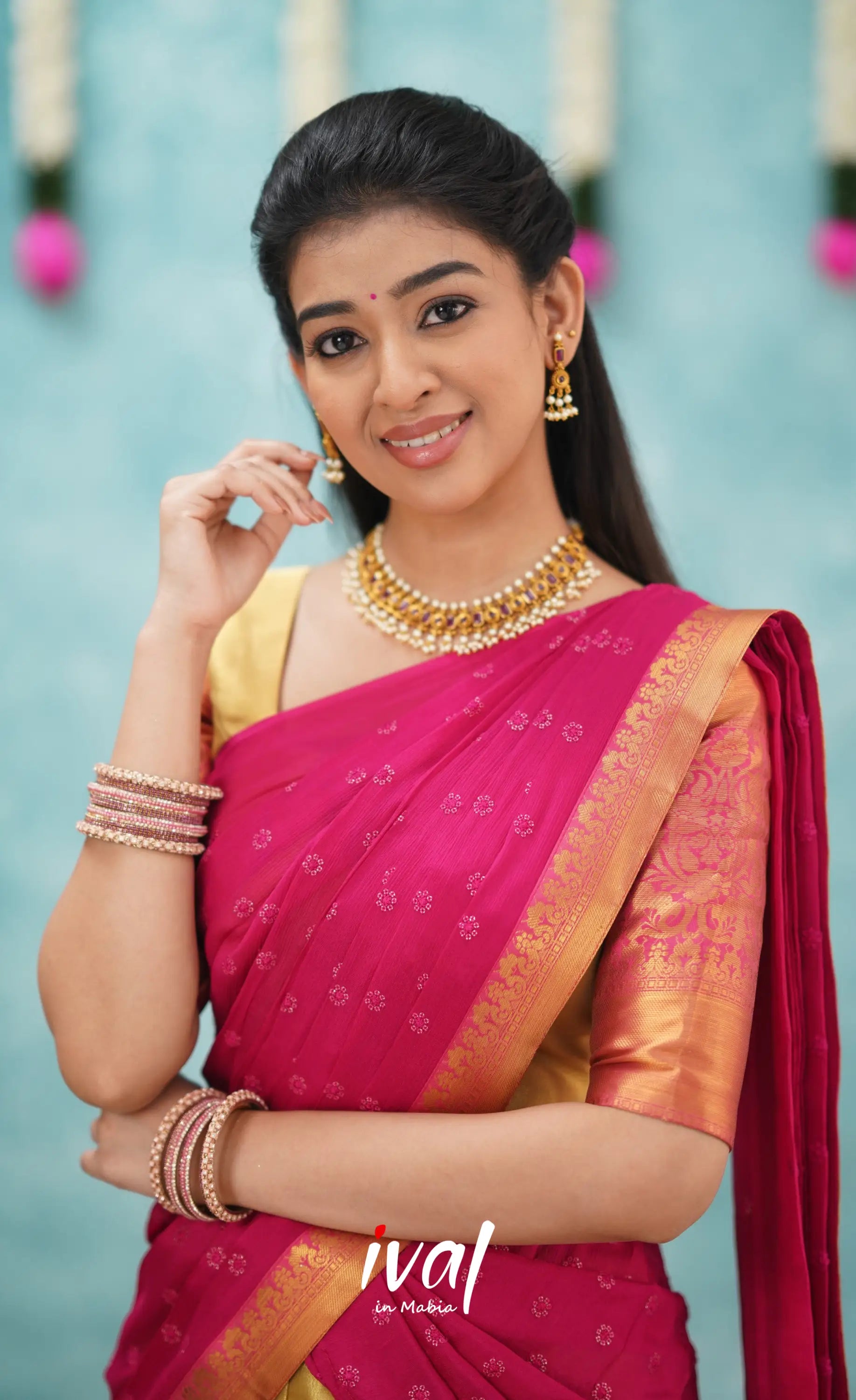 Izhaiyini Shade Of Pink And Gold Tone Organza Halfsaree Half Sarees