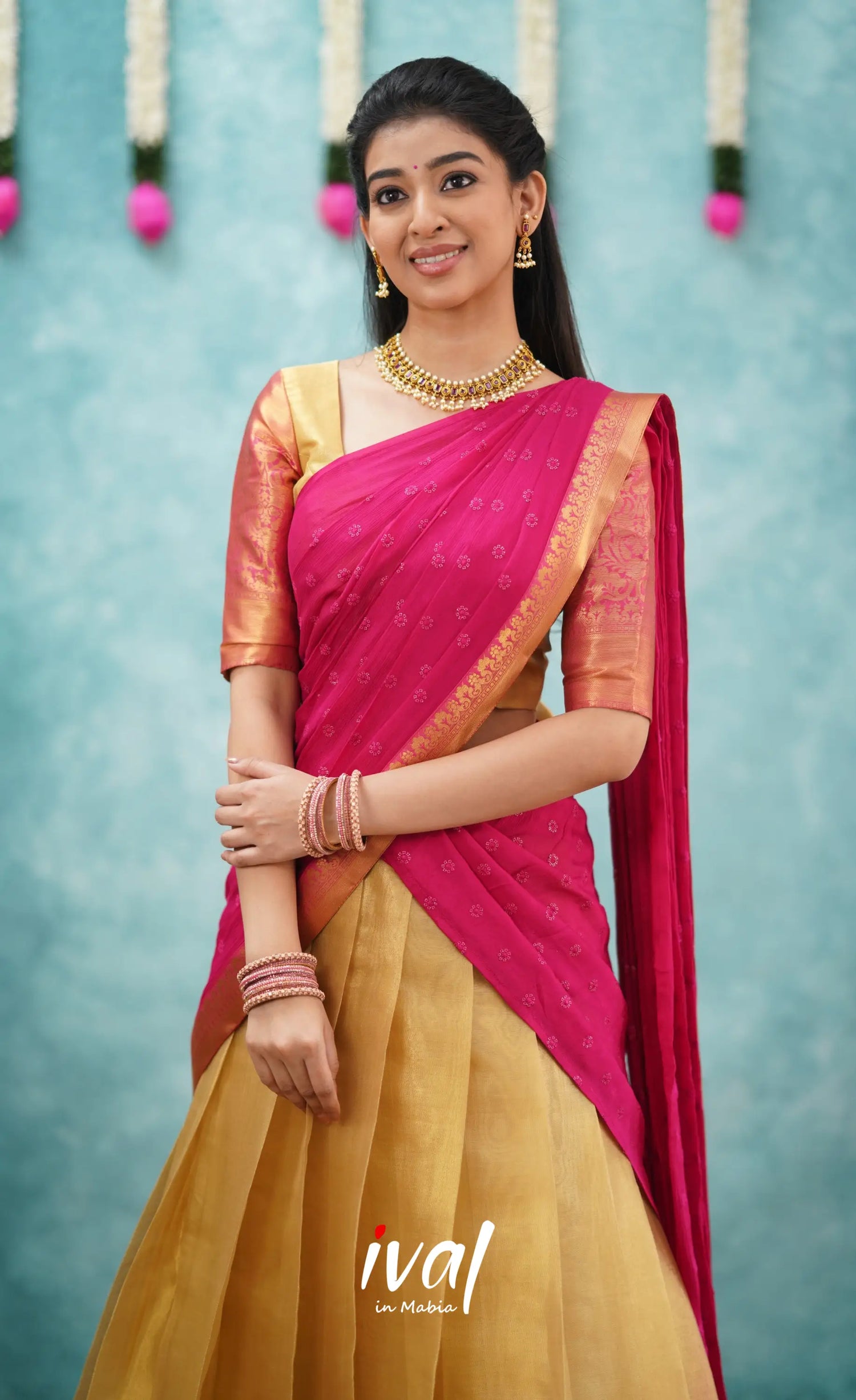 Izhaiyini Shade Of Pink And Gold Tone Organza Halfsaree Half Sarees