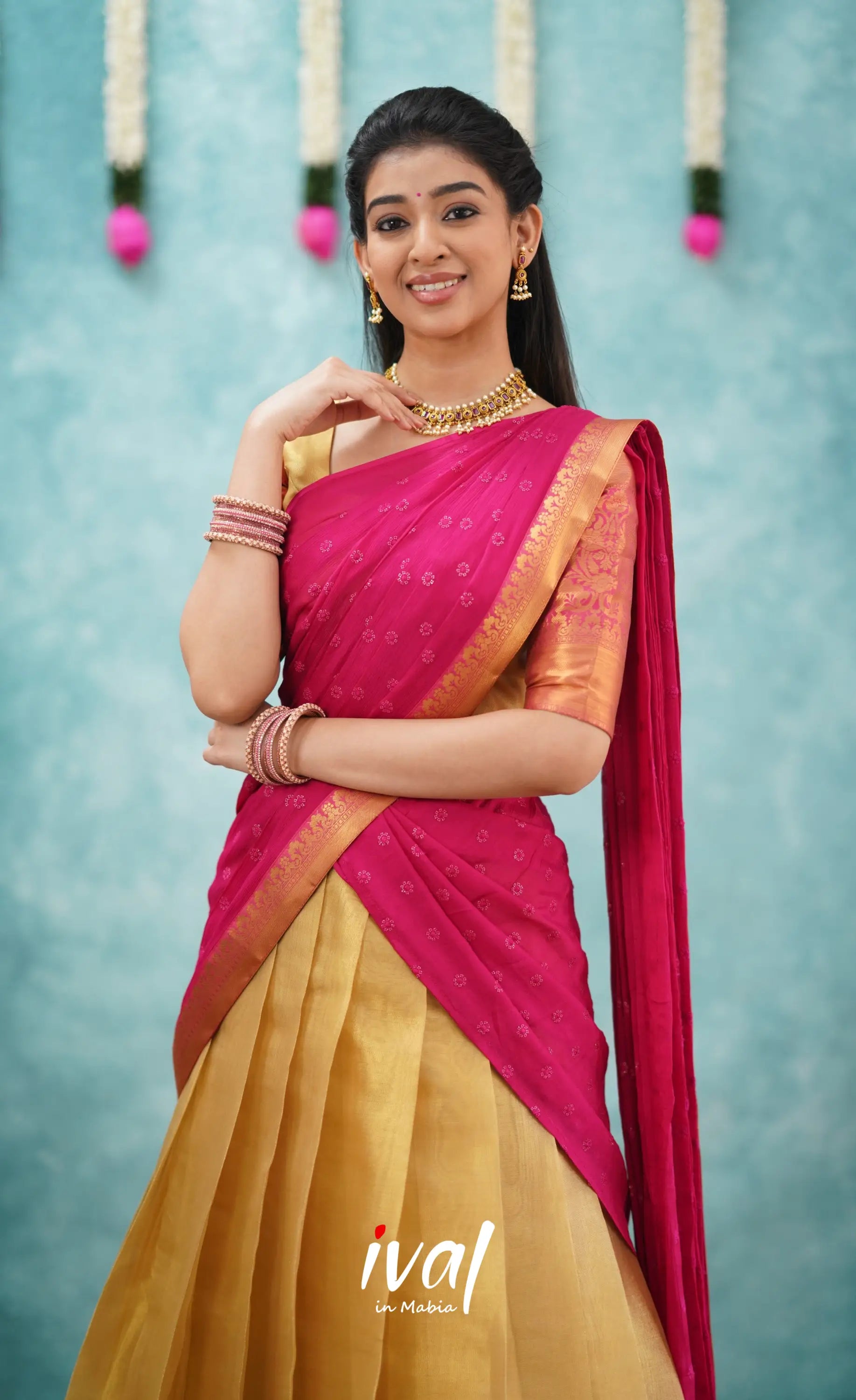 Izhaiyini Shade Of Pink And Gold Tone Organza Halfsaree Half Sarees