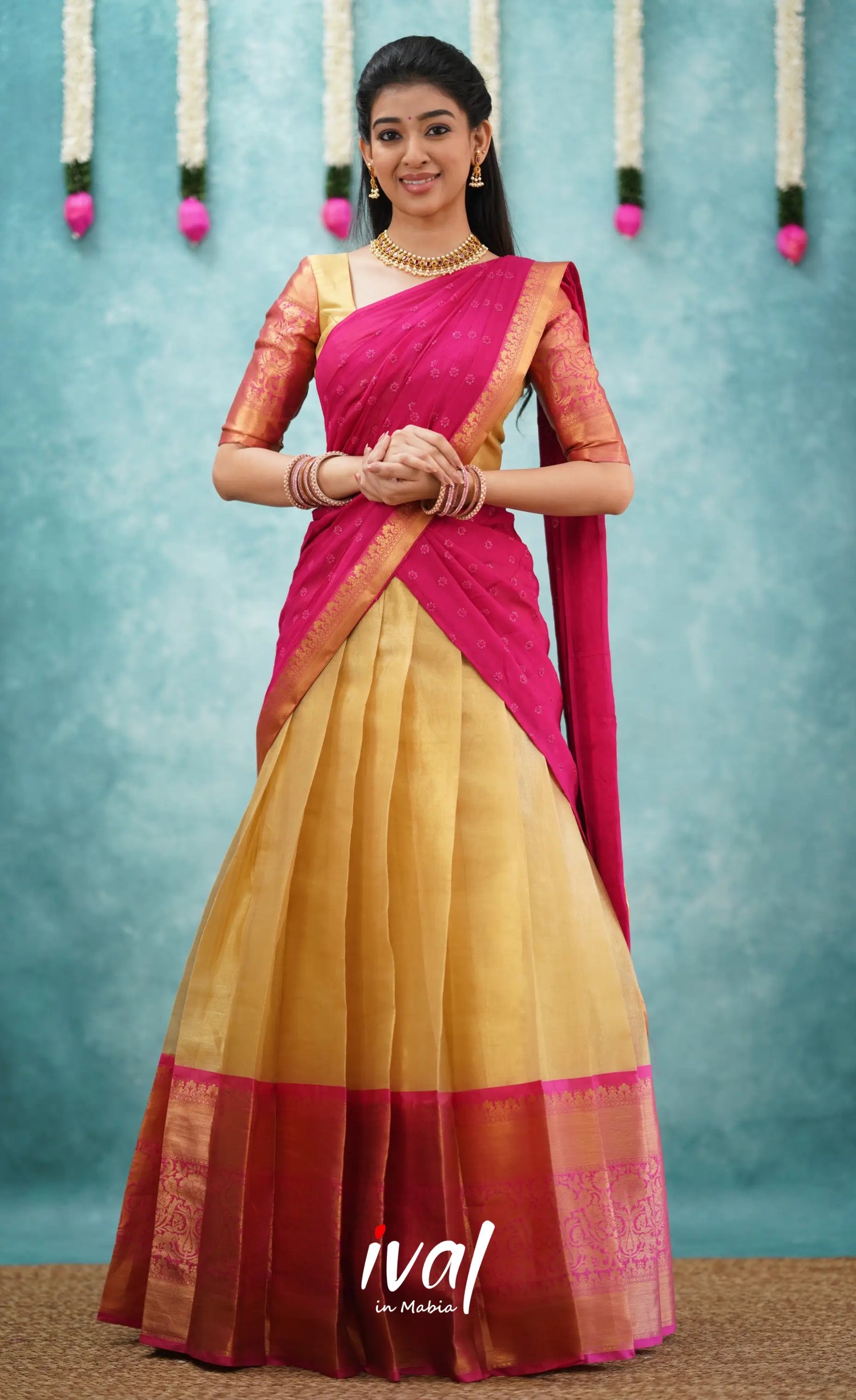 Izhaiyini Shade Of Pink And Gold Tone Organza Halfsaree Half Sarees