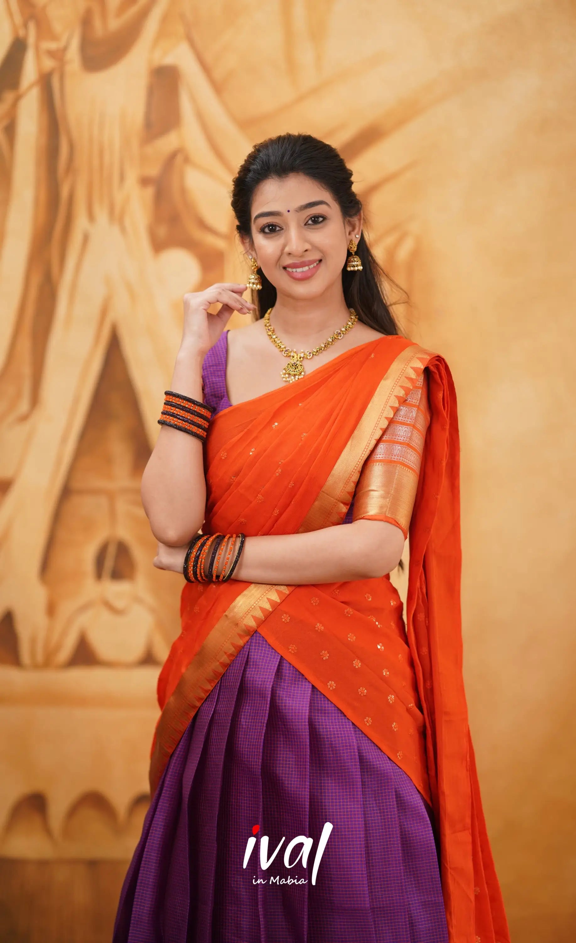 Izhaiyini - Shade Of Purple And Orange Tone Organza Halfsaree Half Sarees