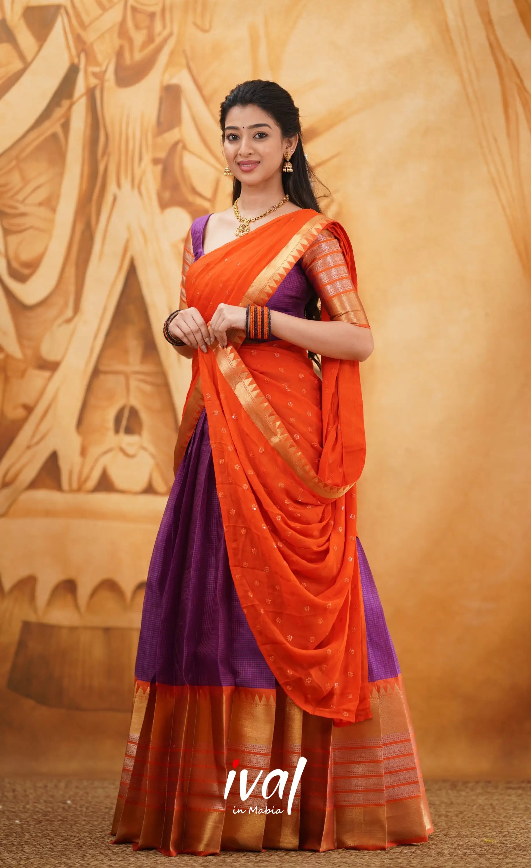 Izhaiyini - Shade Of Purple And Orange Tone Organza Halfsaree Half Sarees