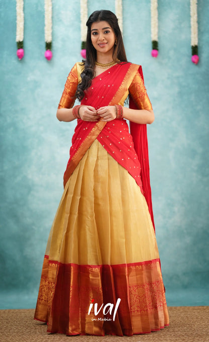 Izhaiyini Shade Of Red And Gold Tone Organza Halfsaree Half Sarees