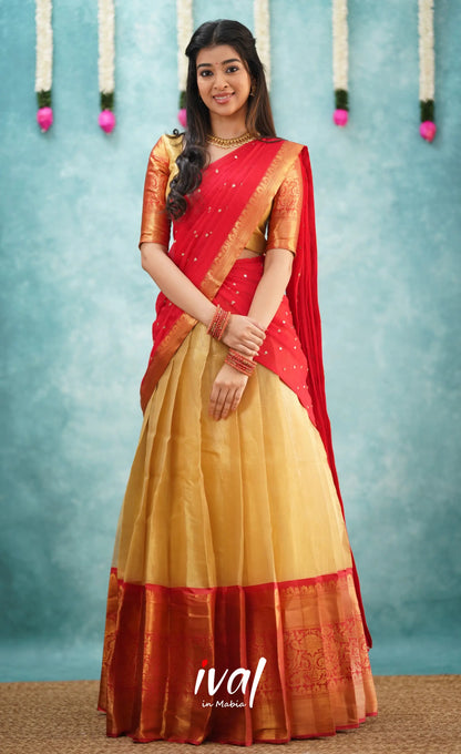 Izhaiyini Shade Of Red And Gold Tone Organza Halfsaree Half Sarees