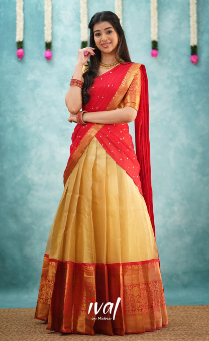 Izhaiyini Shade Of Red And Gold Tone Organza Halfsaree Half Sarees