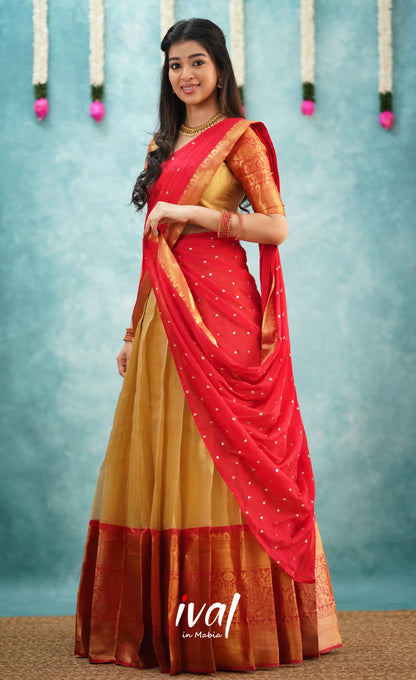 Izhaiyini Shade Of Red And Gold Tone Organza Halfsaree Half Sarees