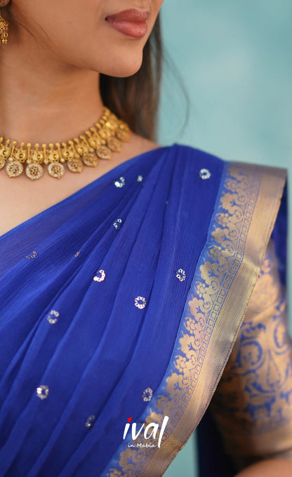 Izhaiyini Shade Of Royal Blue And Gold Tone Organza Halfsaree Half Sarees