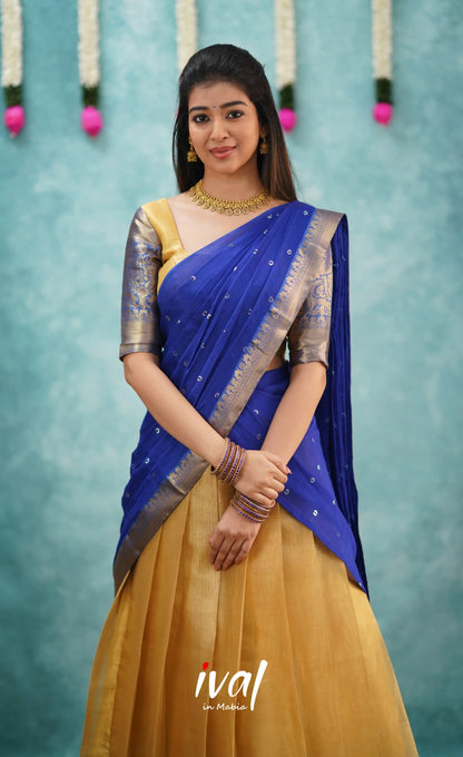 Izhaiyini Shade Of Royal Blue And Gold Tone Organza Halfsaree Half Sarees