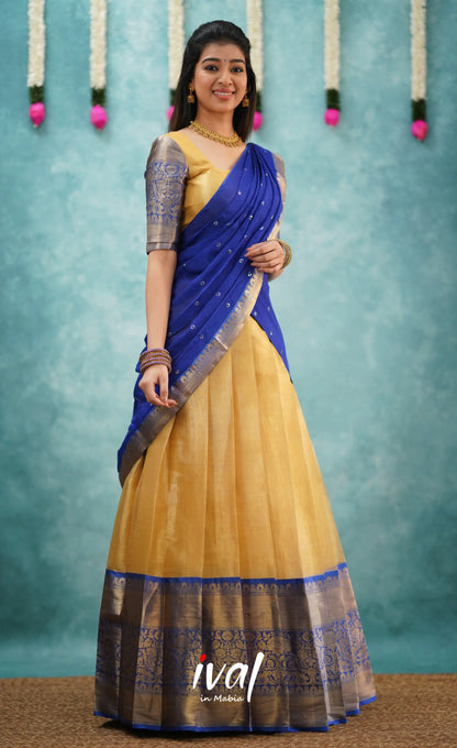 Izhaiyini Shade Of Royal Blue And Gold Tone Organza Halfsaree Half Sarees