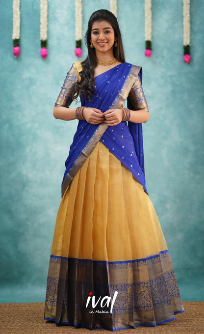 Izhaiyini Shade Of Royal Blue And Gold Tone Organza Halfsaree Half Sarees