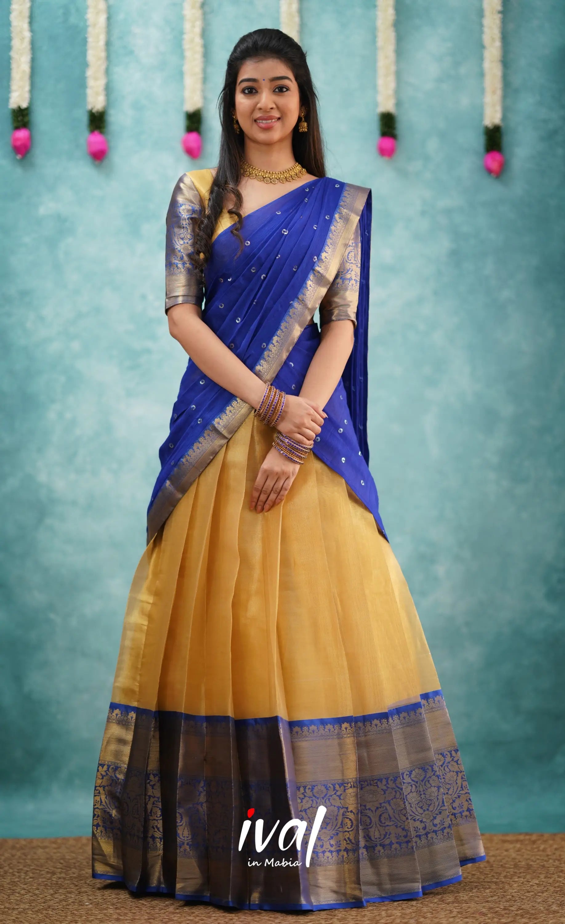 Izhaiyini Shade Of Royal Blue And Gold Tone Organza Halfsaree Half Sarees