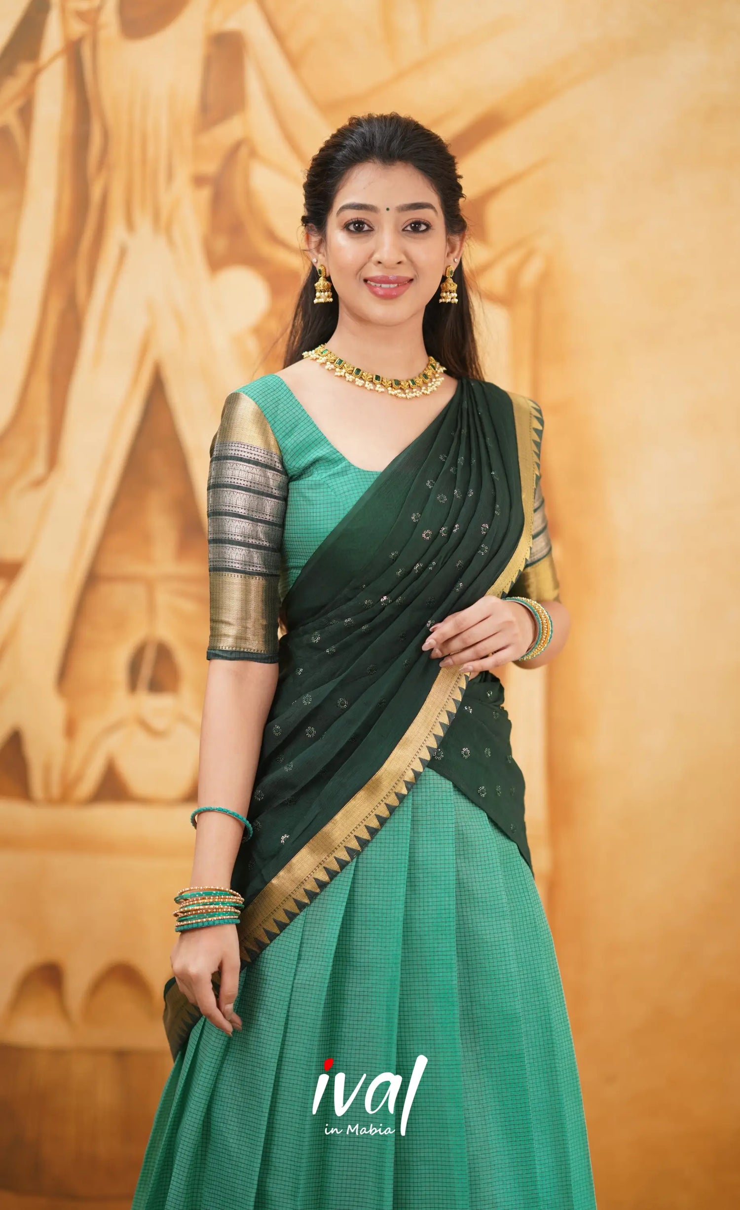 Izhaiyini - Shade Of Teal Green And Dark Tone Organza Halfsaree Half Sarees