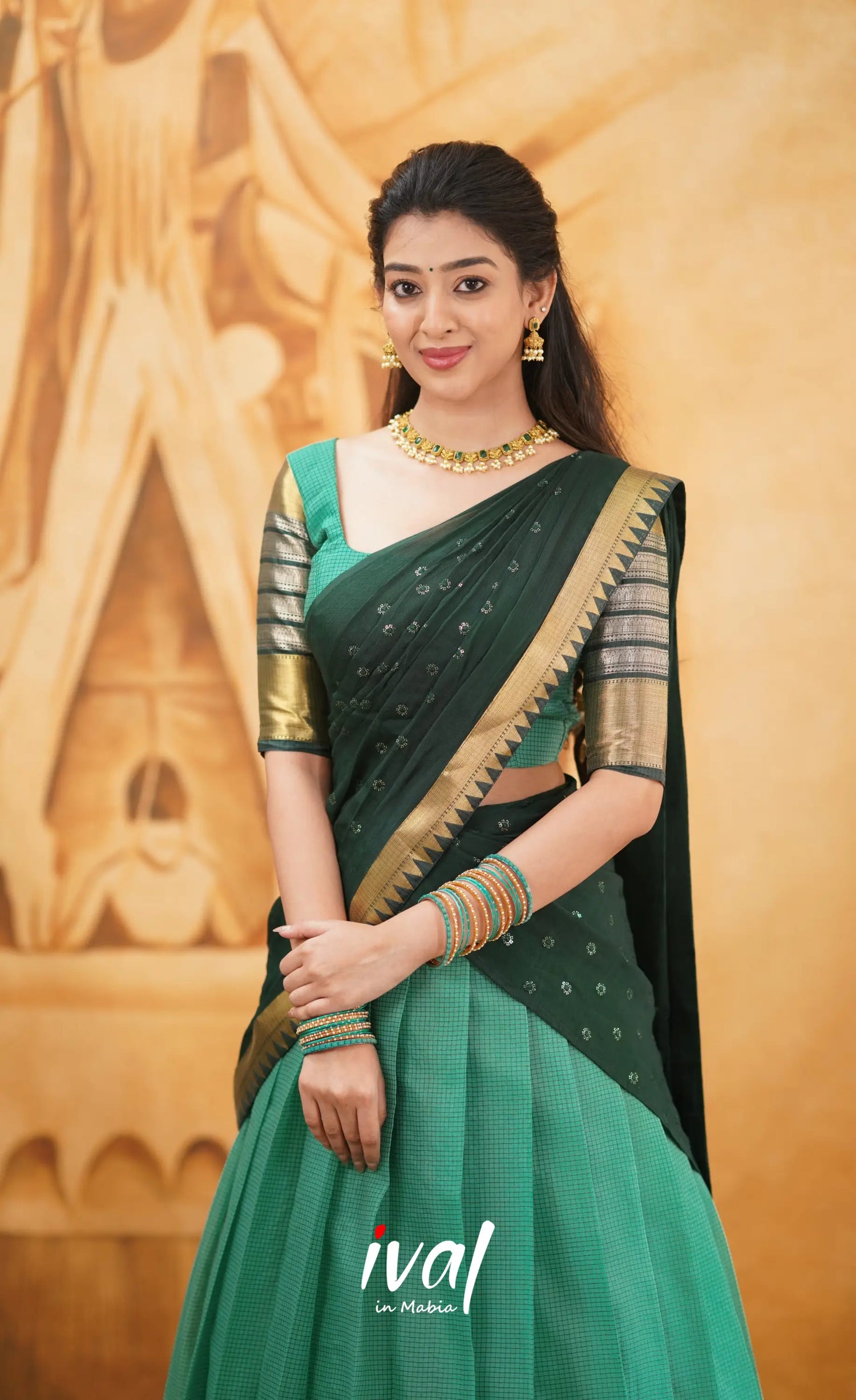 Izhaiyini - Shade Of Teal Green And Dark Tone Organza Halfsaree Half Sarees