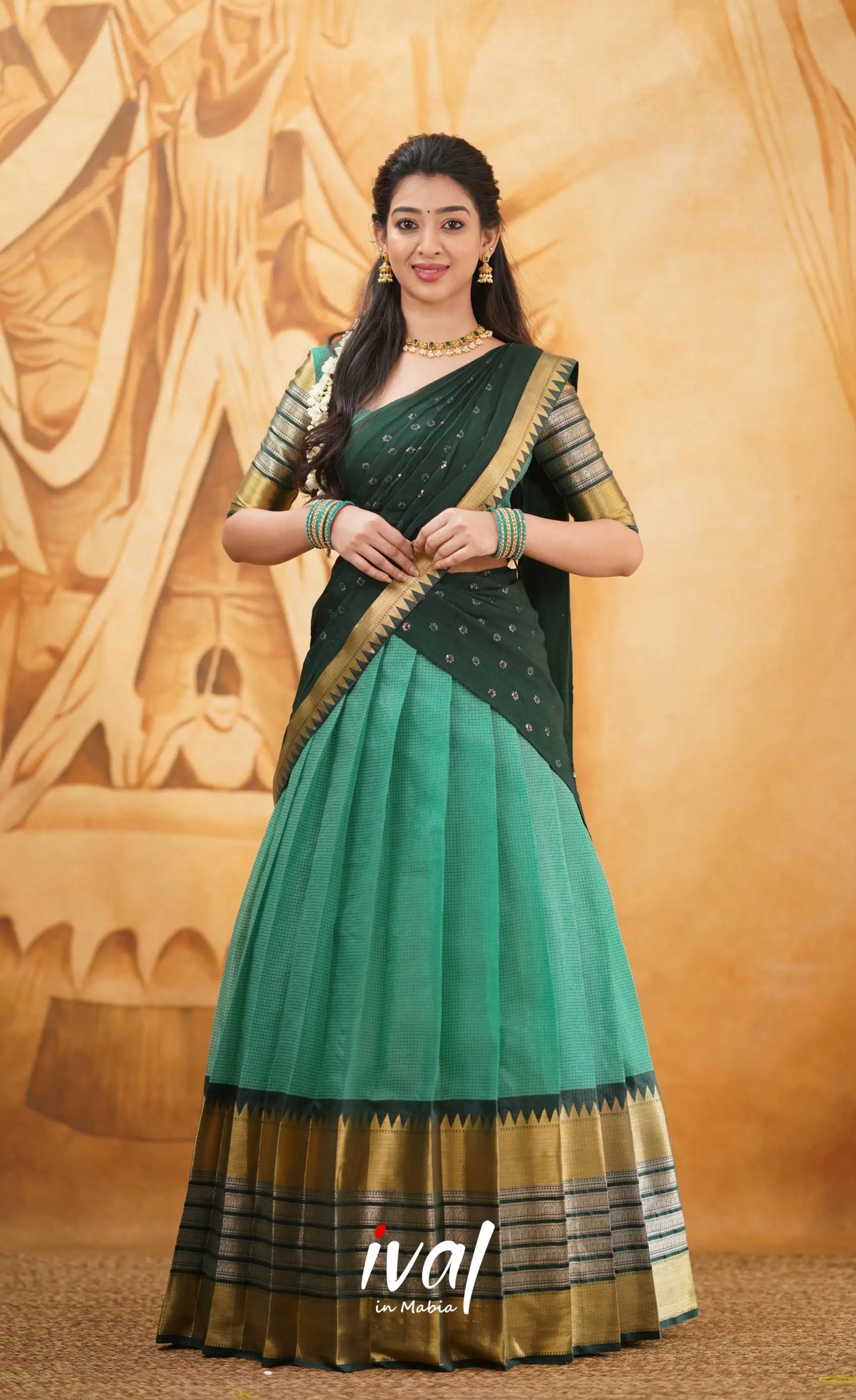 Izhaiyini - Shade Of Teal Green And Dark Tone Organza Halfsaree Half Sarees