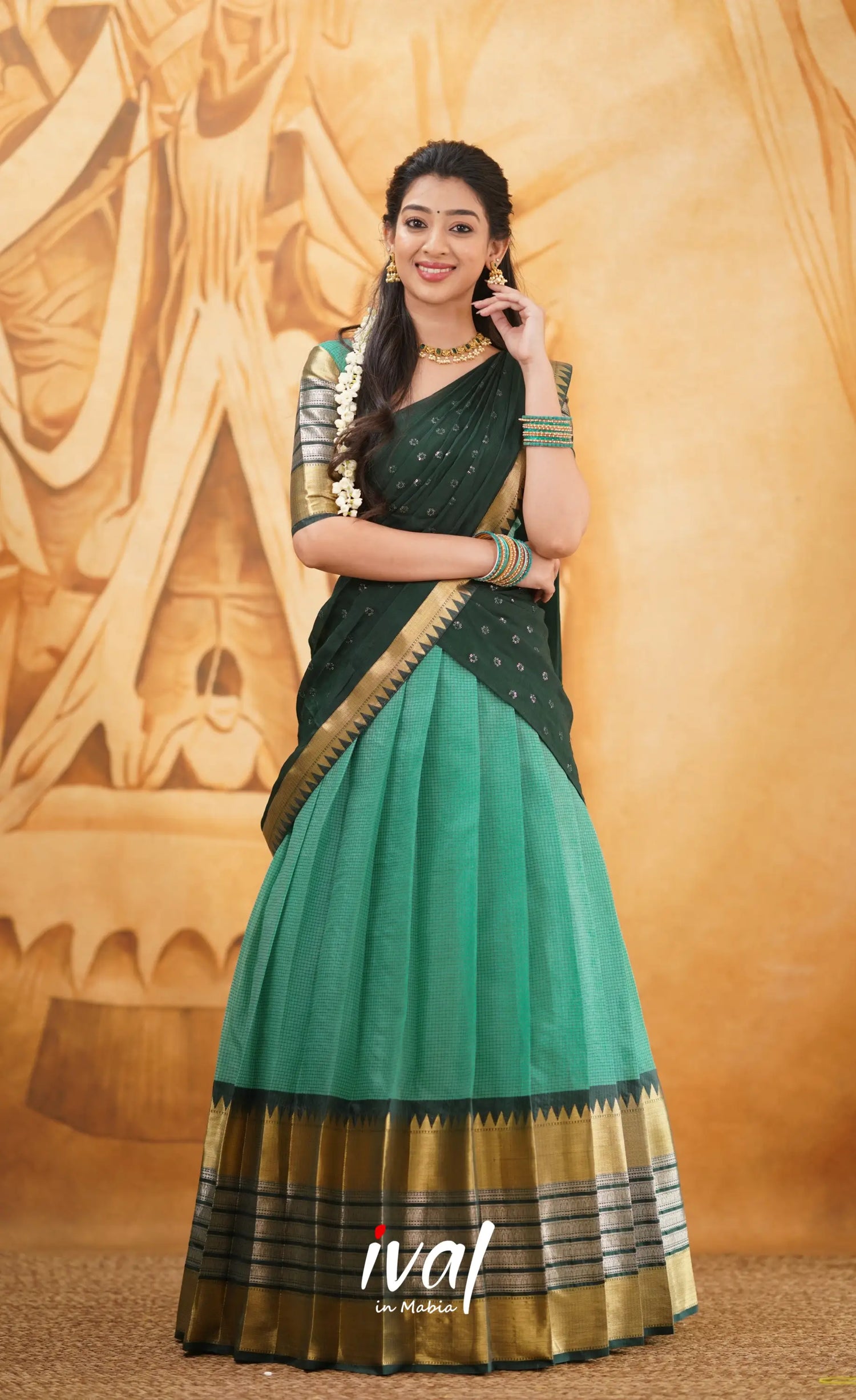 Izhaiyini - Shade Of Teal Green And Dark Tone Organza Halfsaree Half Sarees