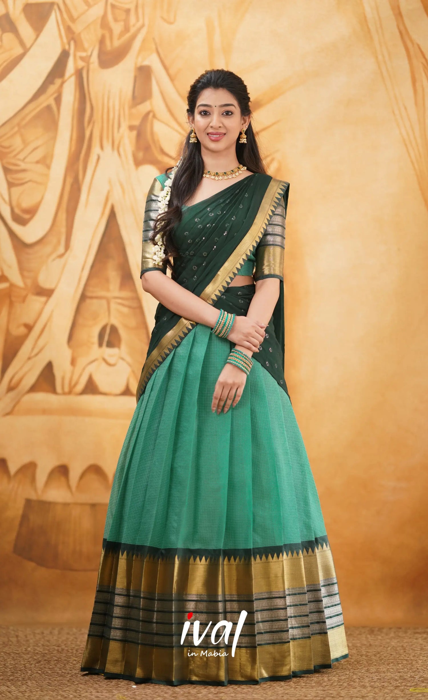 Izhaiyini - Shade Of Teal Green And Dark Tone Organza Halfsaree Half Sarees