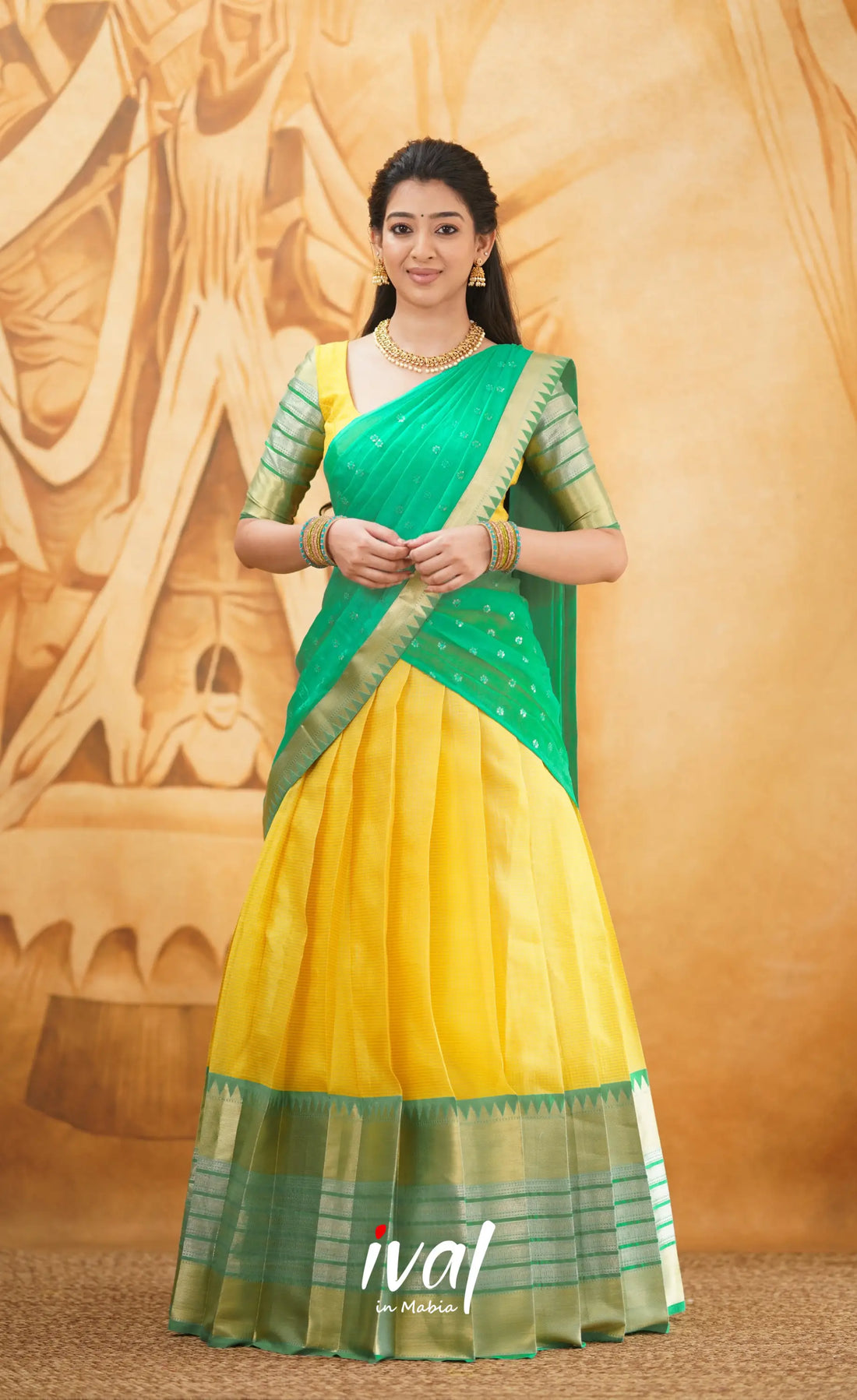 Izhaiyini - Shade Of Yellow And Teal Green Tone Organza Halfsaree Half Sarees