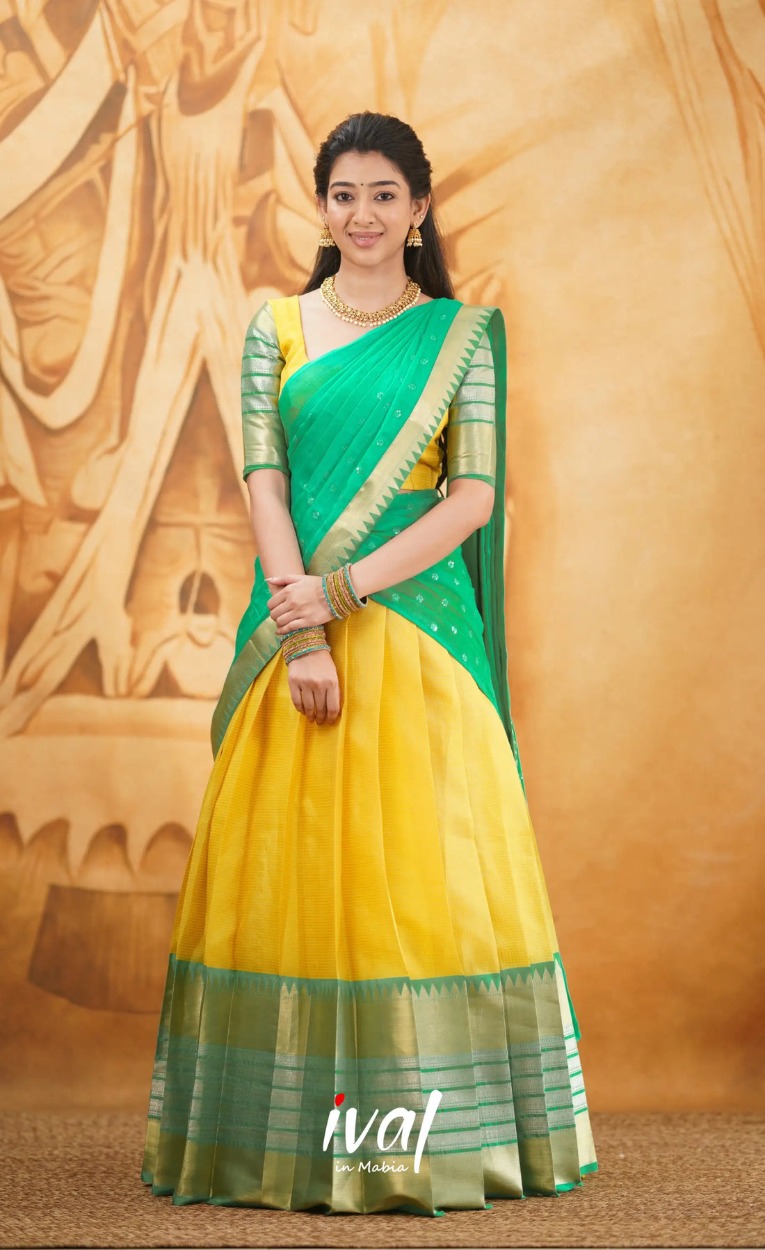 Izhaiyini - Shade Of Yellow And Teal Green Tone Organza Halfsaree Half Sarees