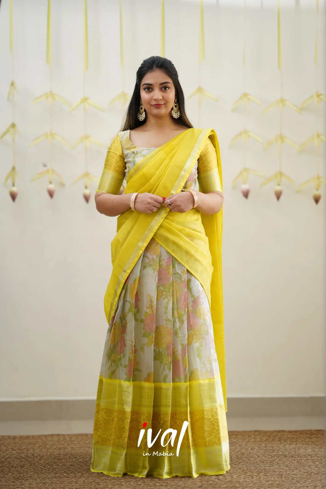 Izhaiyini - Sunny Yellow Floral Organza Halfsaree Half Sarees