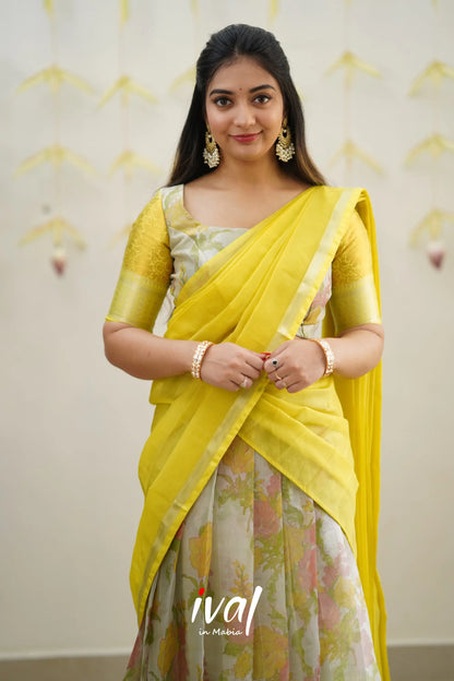 Izhaiyini - Sunny Yellow Floral Organza Halfsaree Half Sarees