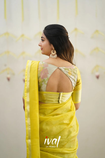 Izhaiyini - Sunny Yellow Floral Organza Halfsaree Half Sarees