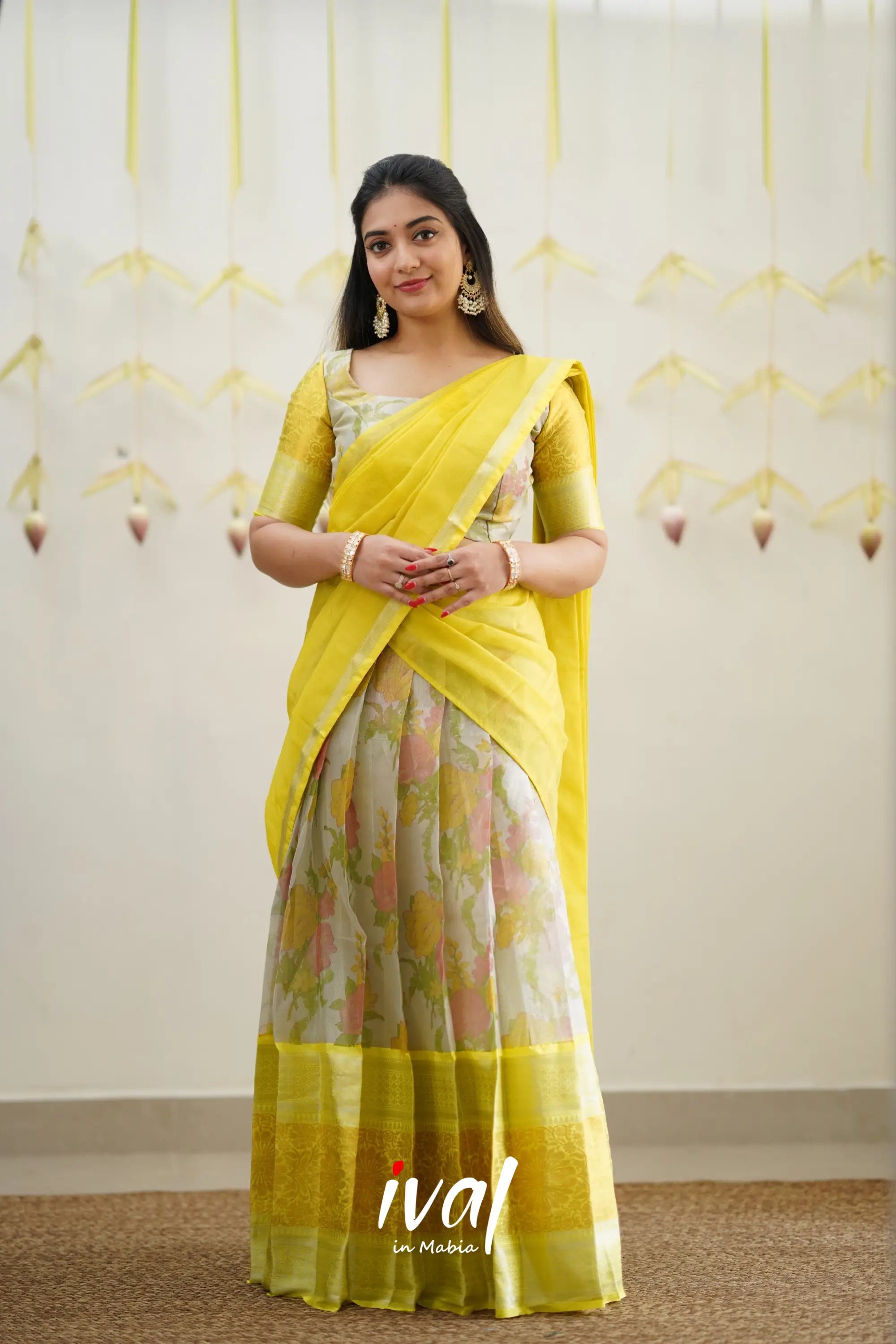 Izhaiyini - Sunny Yellow Floral Organza Halfsaree Half Sarees