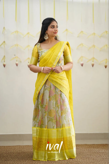 Izhaiyini - Sunny Yellow Floral Organza Halfsaree Half Sarees