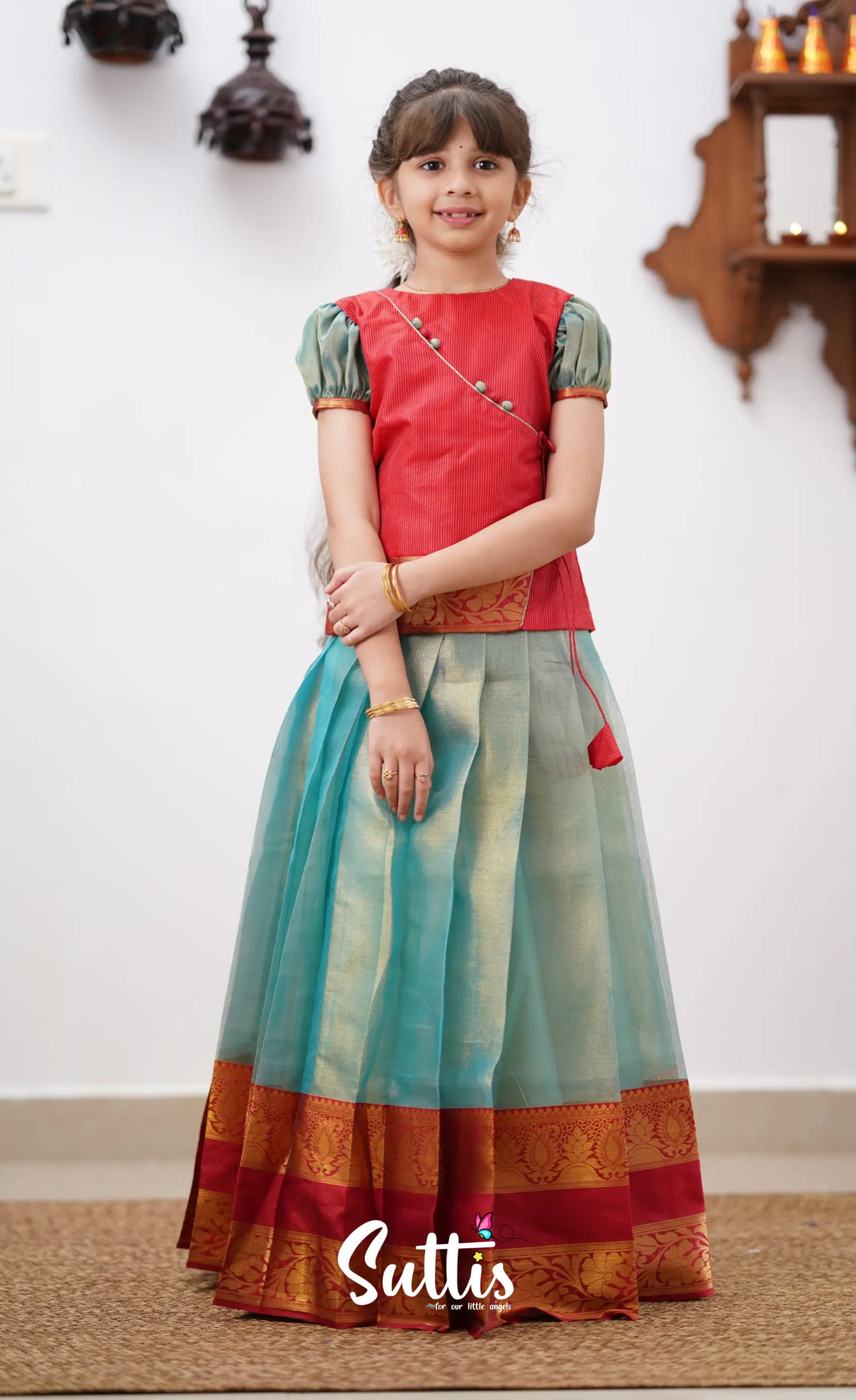 Izhaiyini - Teal Blue Shade And Coral Red Tone Organza Pavadai Sattai Kids-Suttis