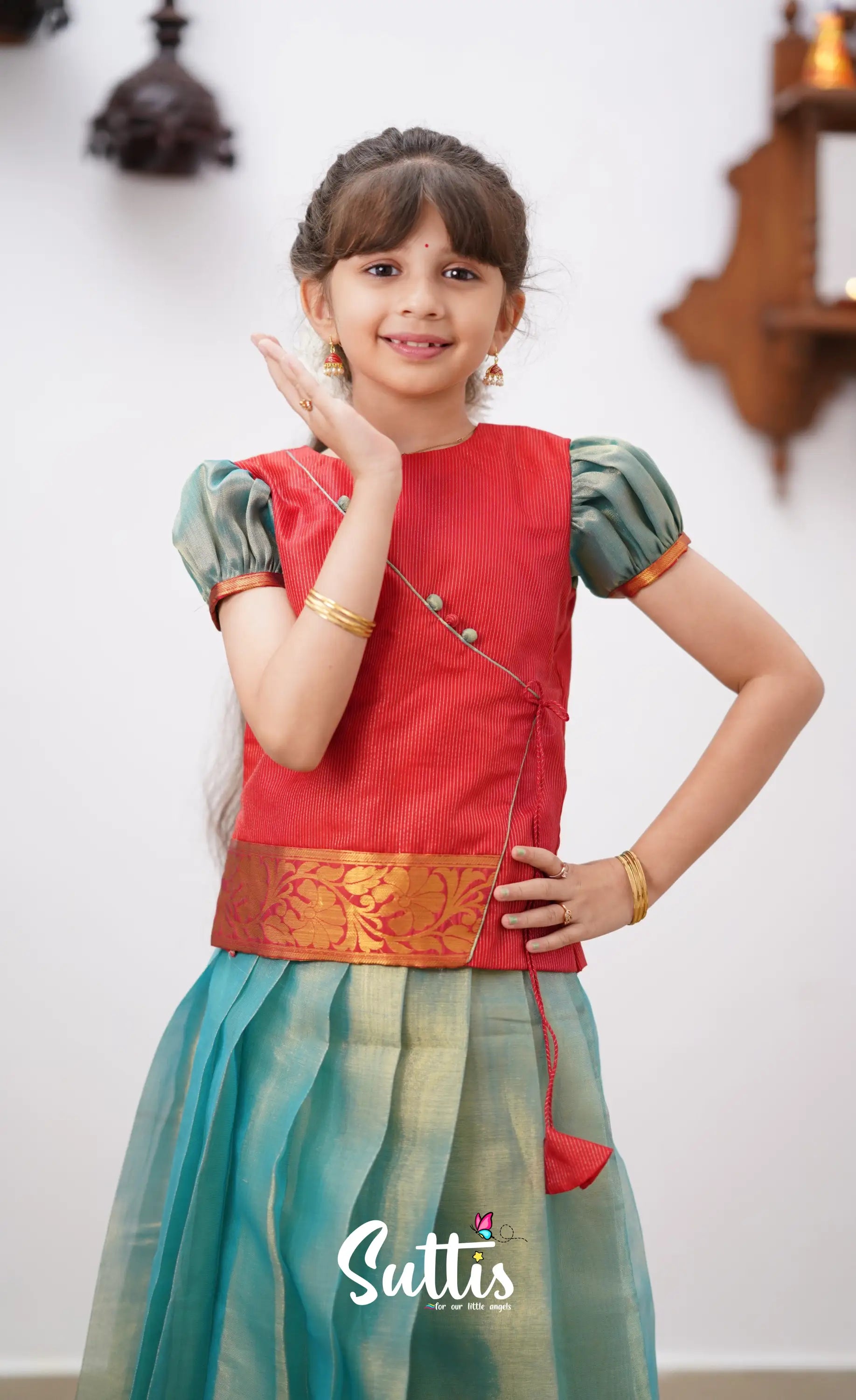 Izhaiyini - Teal Blue Shade And Coral Red Tone Organza Pavadai Sattai Kids-Suttis