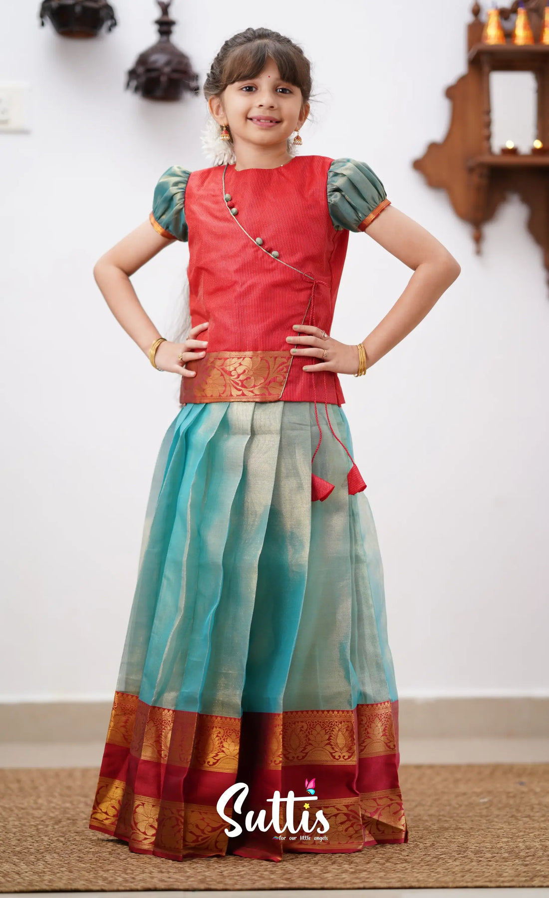 Izhaiyini - Teal Blue Shade And Coral Red Tone Organza Pavadai Sattai Kids-Suttis