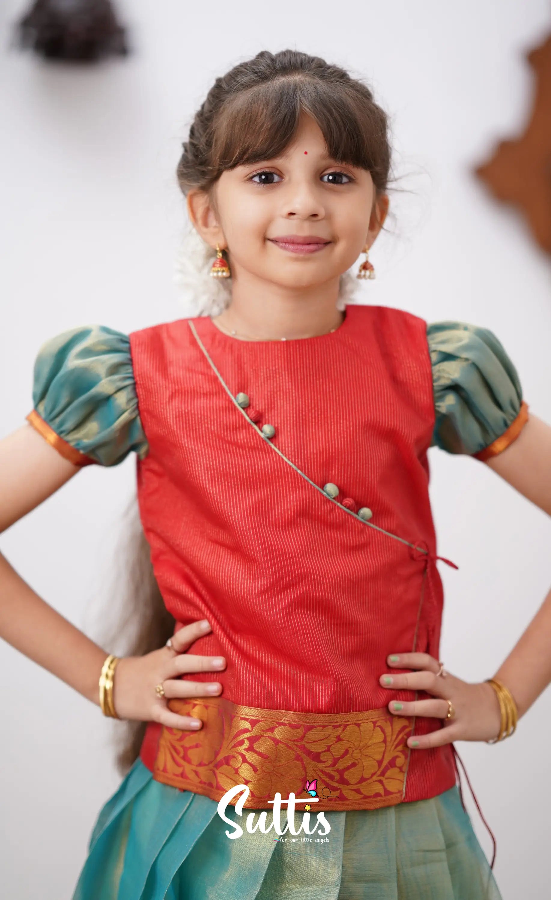 Izhaiyini - Teal Blue Shade And Coral Red Tone Organza Pavadai Sattai Kids-Suttis