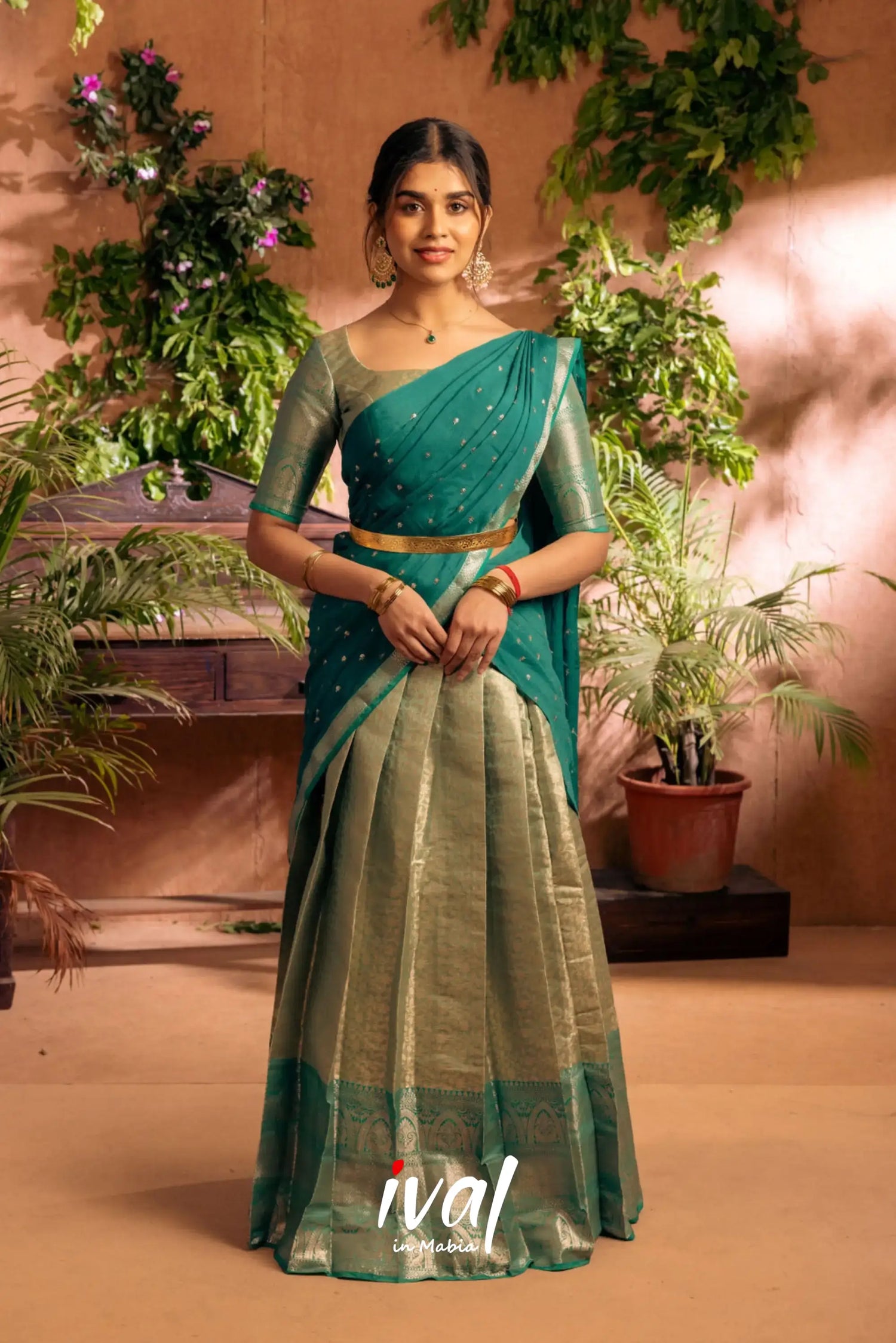 Izhaiyini - Teal Green Banarasi Tissue Halfsaree Half Sarees