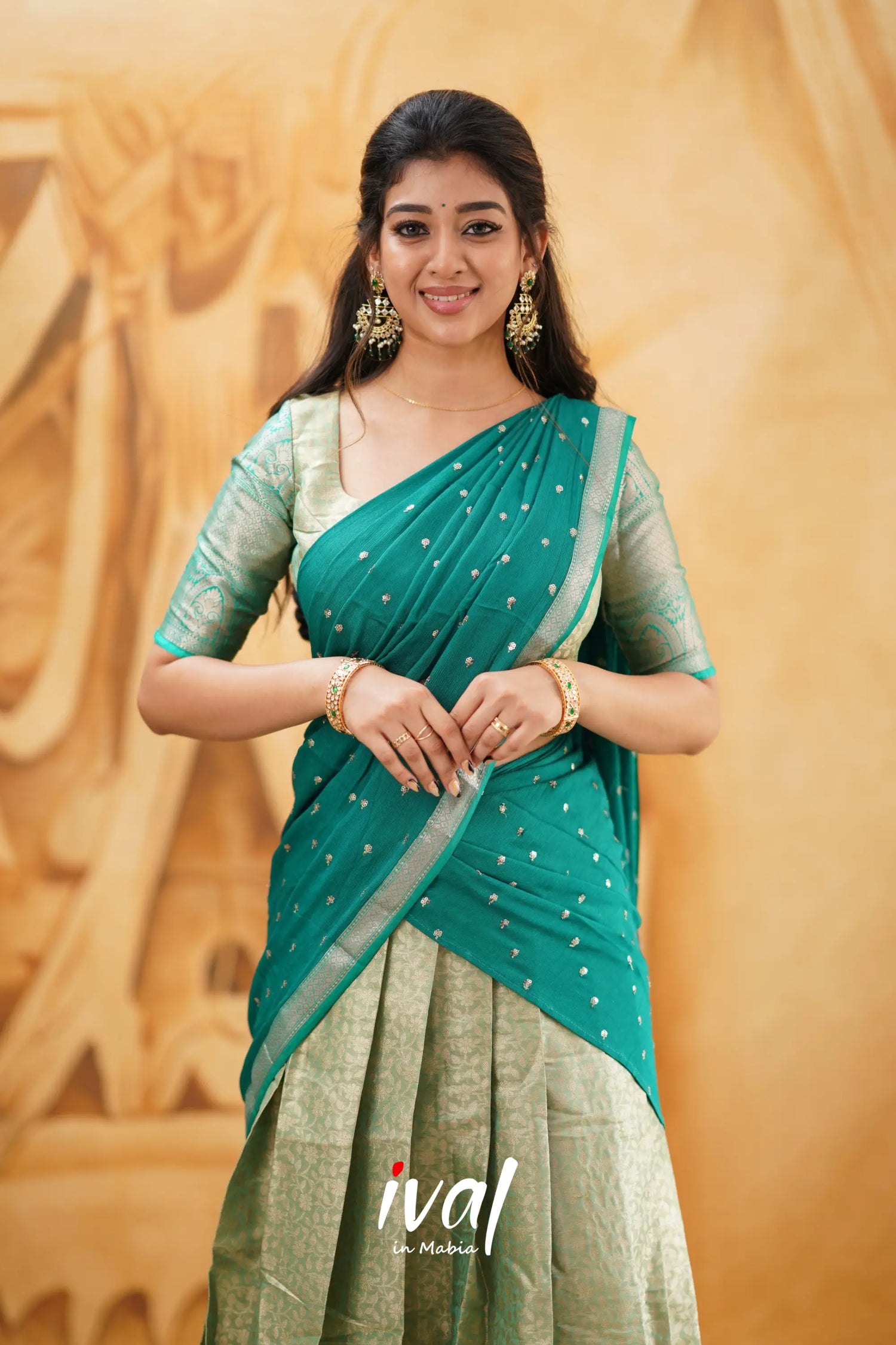 Izhaiyini - Teal Green Banarasi Tissue Halfsaree Half Sarees