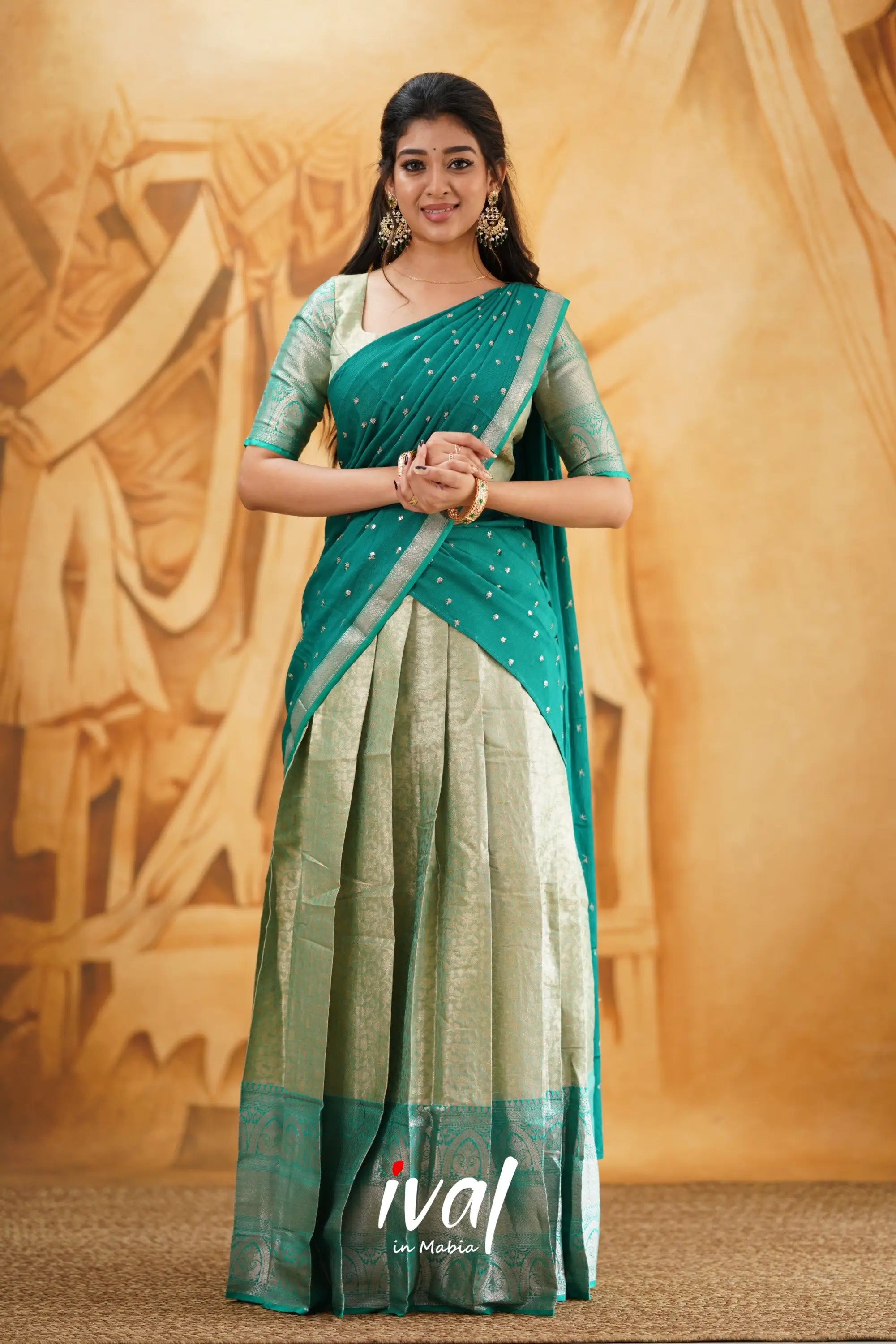 Izhaiyini - Teal Green Banarasi Tissue Halfsaree Half Sarees