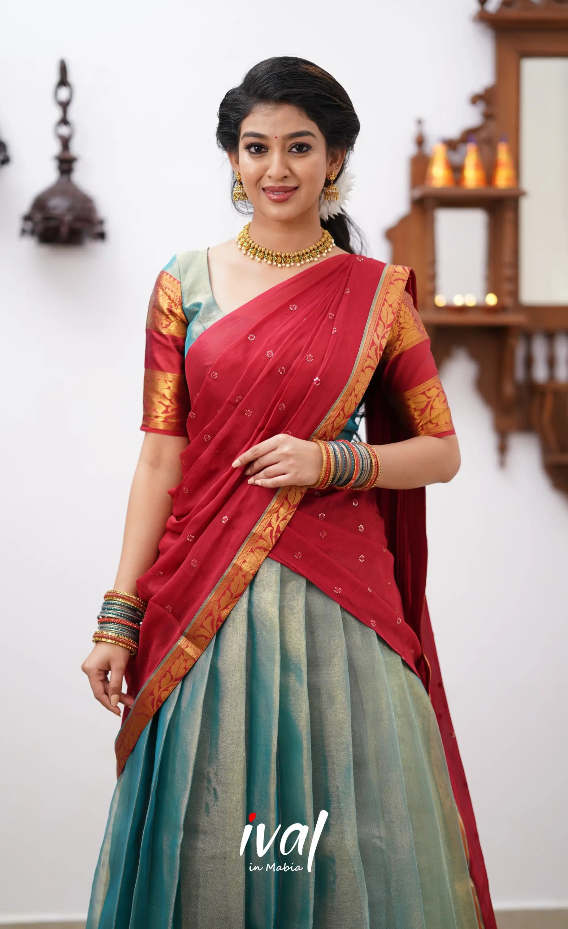 Izhaiyini - Teal Green Shade And Coral Red Tone Organza Halfsaree Half Sarees