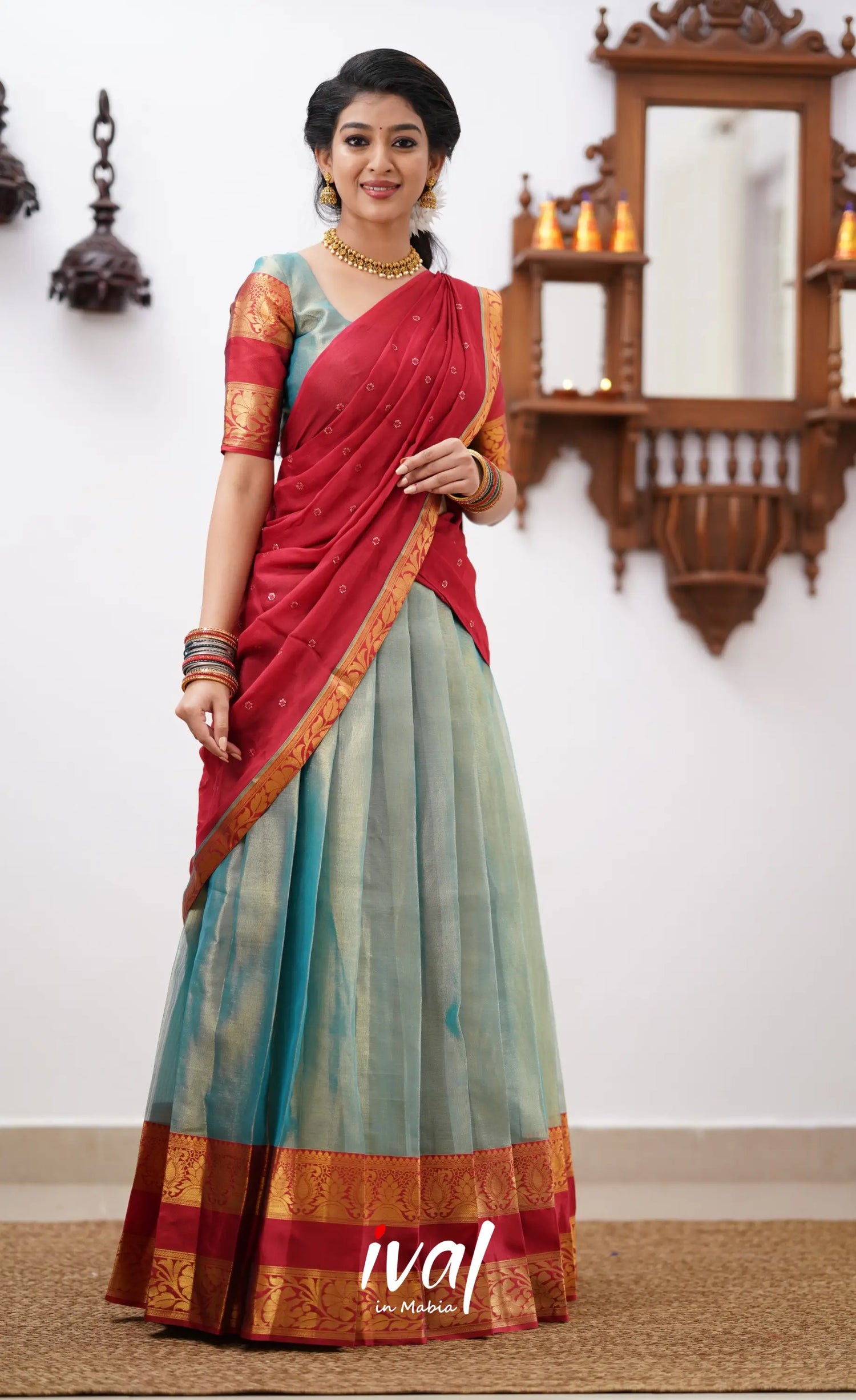 Izhaiyini - Teal Green Shade And Coral Red Tone Organza Halfsaree Half Sarees