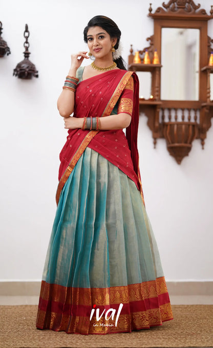 Izhaiyini - Teal Green Shade And Coral Red Tone Organza Halfsaree Half Sarees