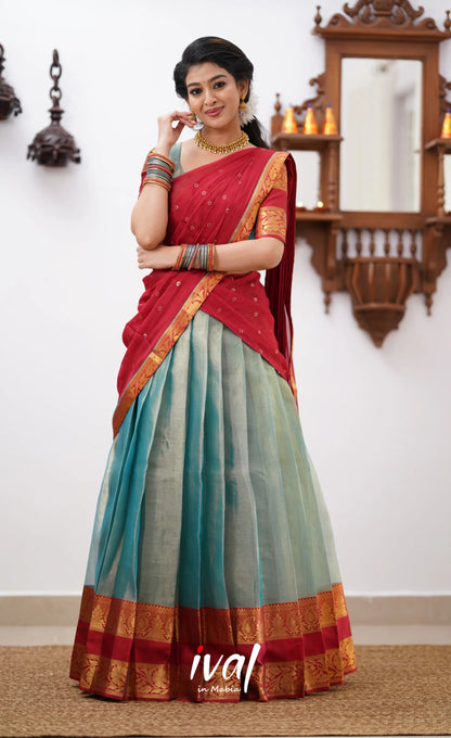 Izhaiyini - Teal Green Shade And Coral Red Tone Organza Halfsaree Half Sarees