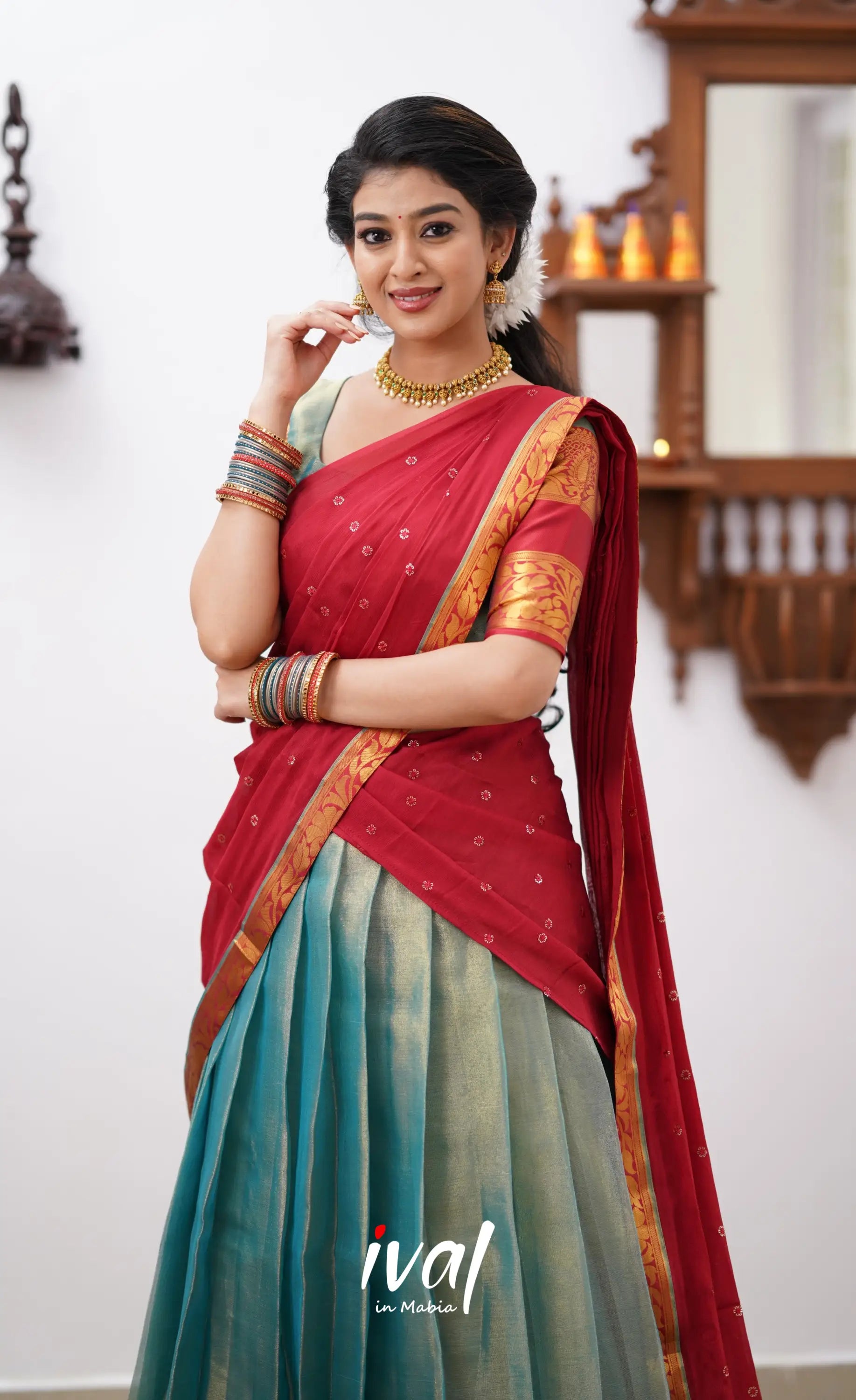 Izhaiyini - Teal Green Shade And Coral Red Tone Organza Halfsaree Half Sarees