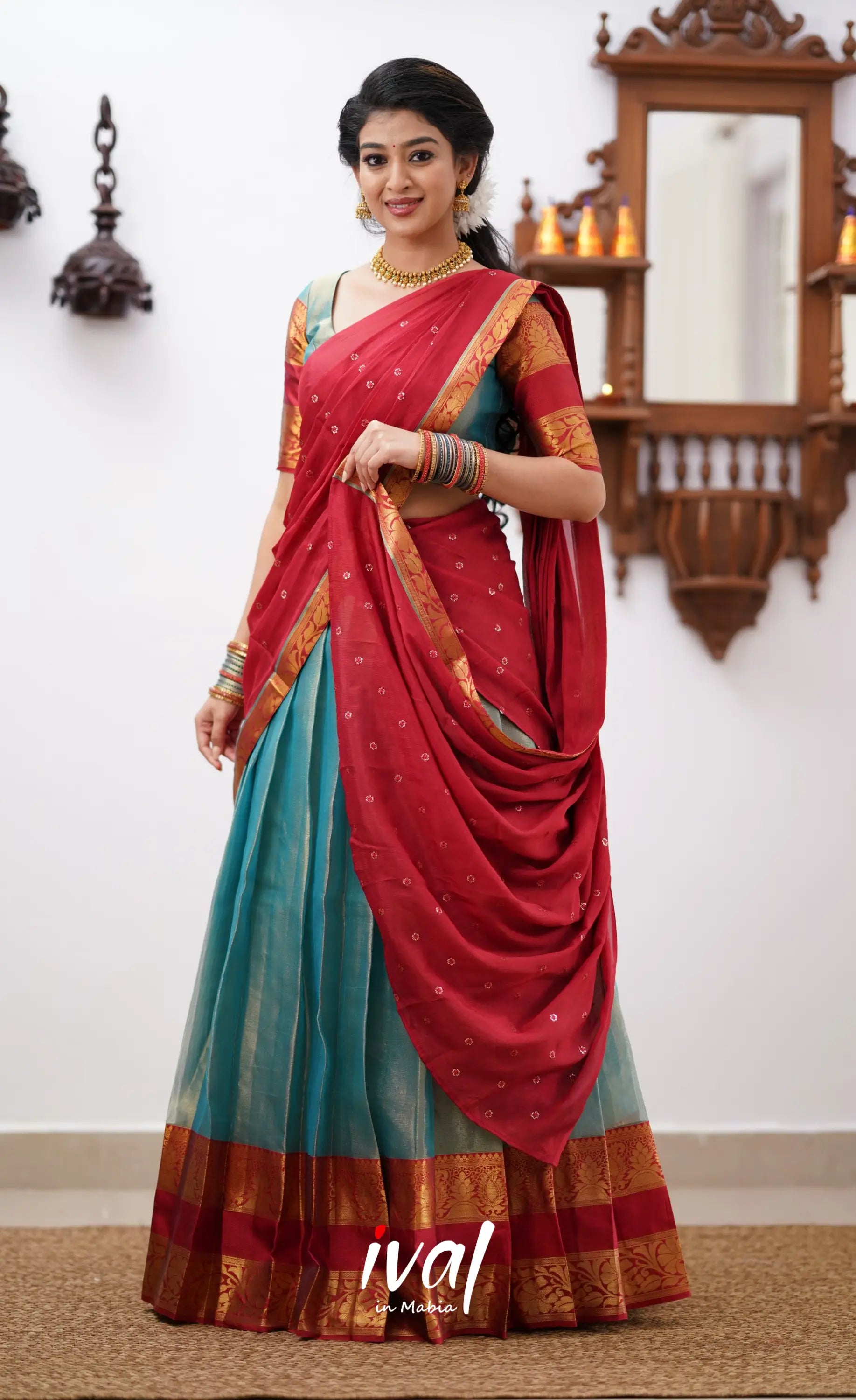 Izhaiyini - Teal Green Shade And Coral Red Tone Organza Halfsaree Half Sarees