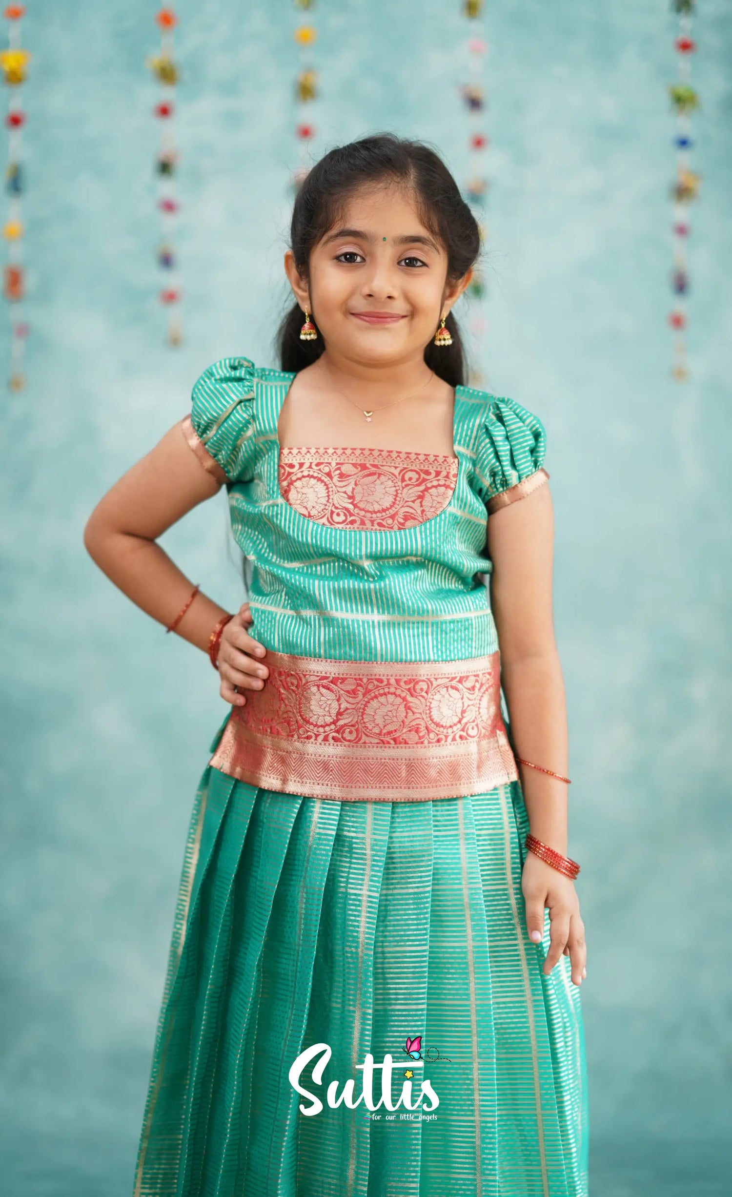 Izhaiyini Teal Shade And Red Tone Organza Pavadai Sattai Kids-Suttis