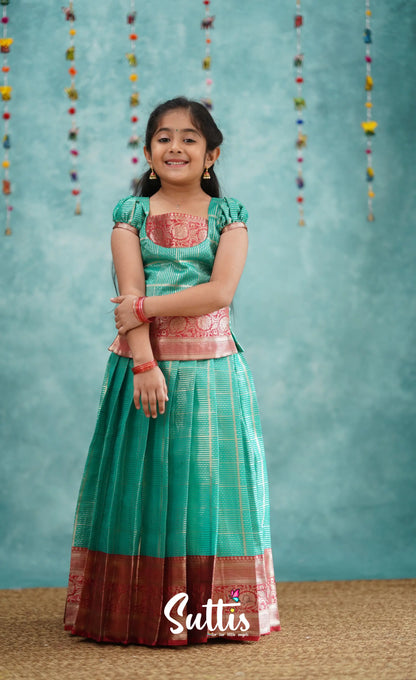 Izhaiyini Teal Shade And Red Tone Organza Pavadai Sattai Kids-Suttis