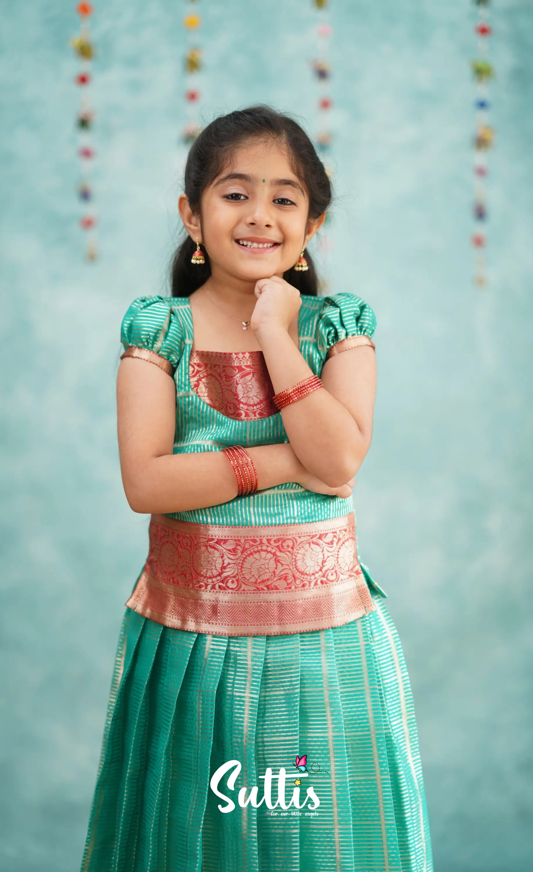 Izhaiyini Teal Shade And Red Tone Organza Pavadai Sattai Kids-Suttis