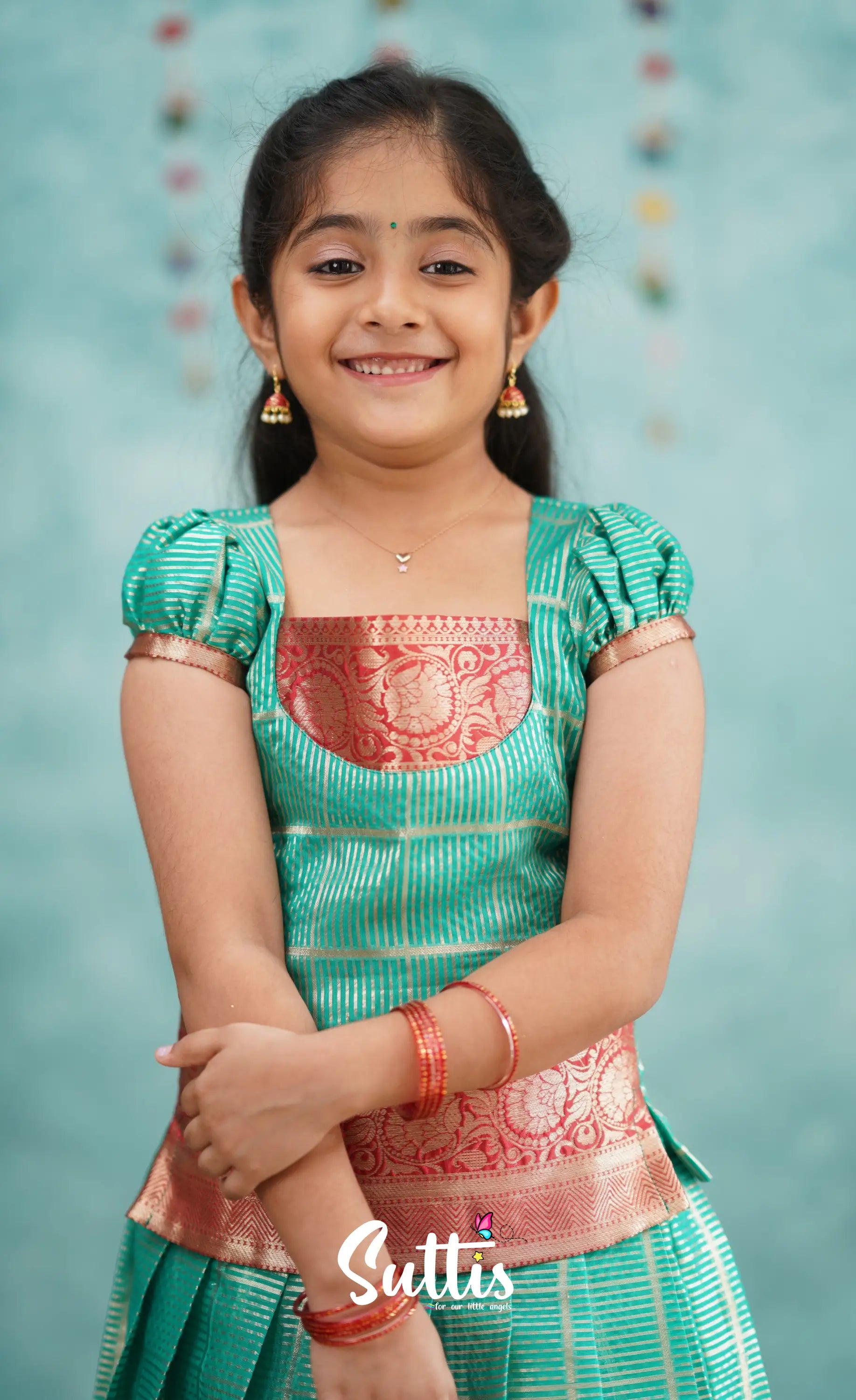 Izhaiyini Teal Shade And Red Tone Organza Pavadai Sattai Kids-Suttis