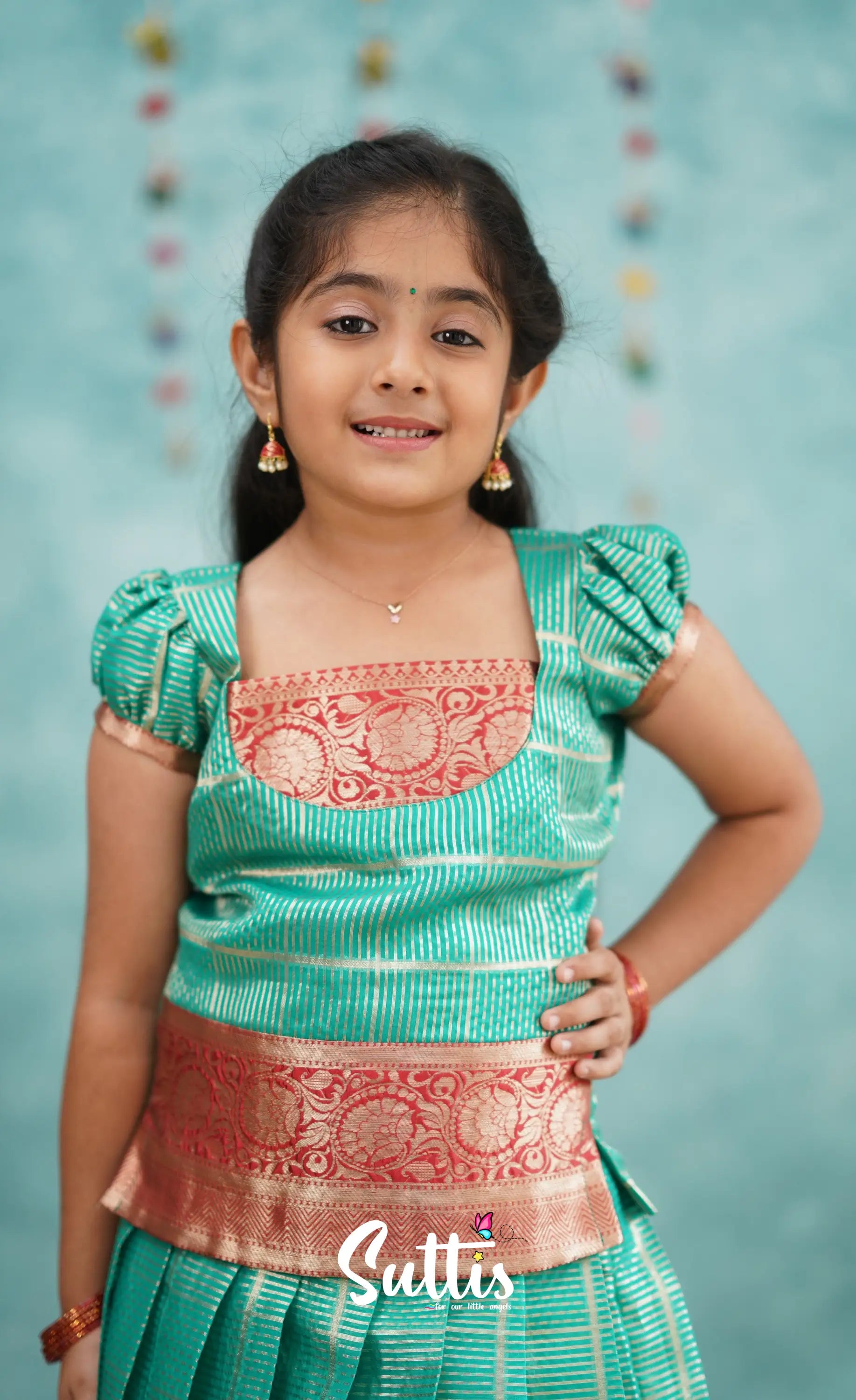 Izhaiyini Teal Shade And Red Tone Organza Pavadai Sattai Kids-Suttis