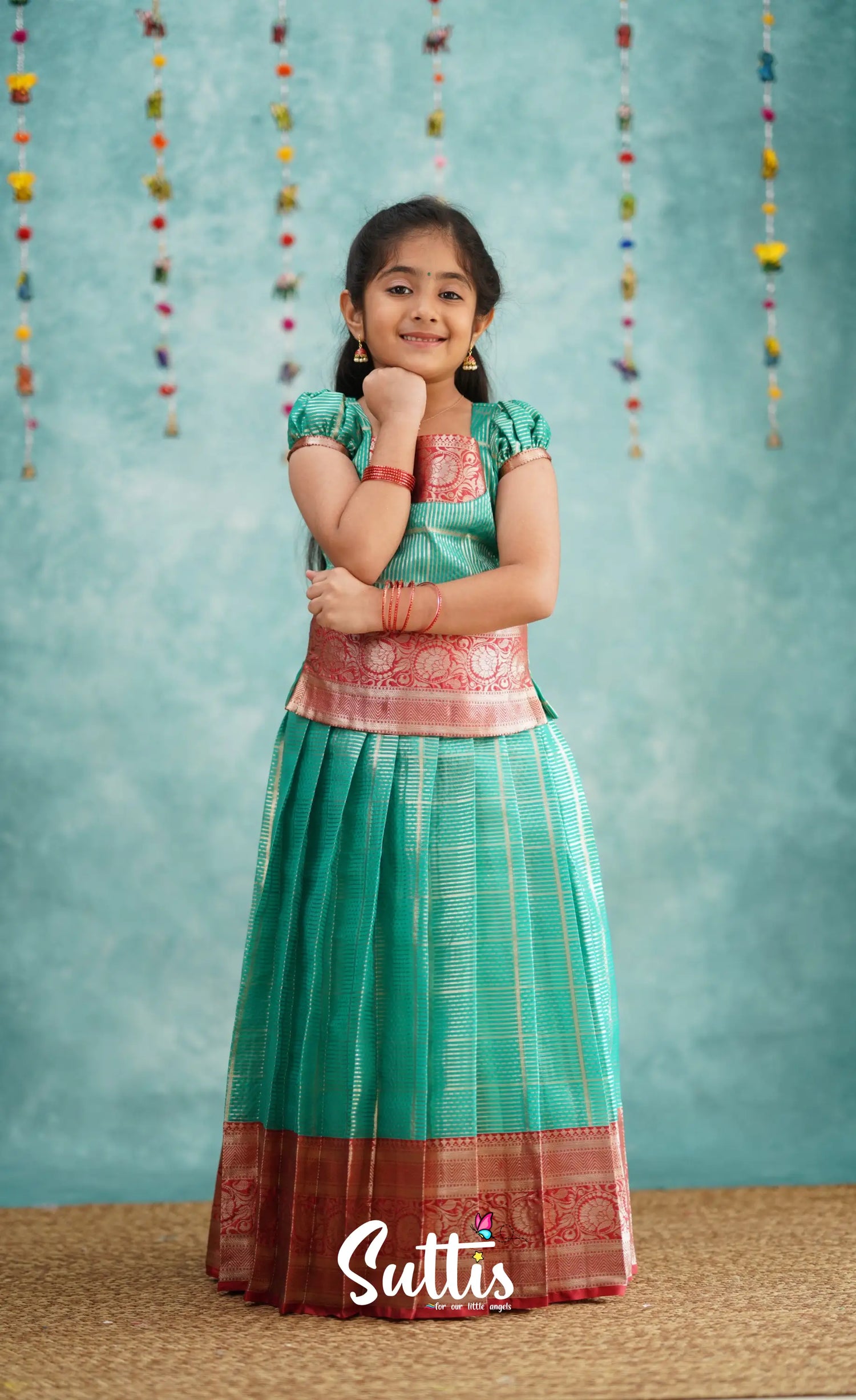 Izhaiyini Teal Shade And Red Tone Organza Pavadai Sattai Kids-Suttis