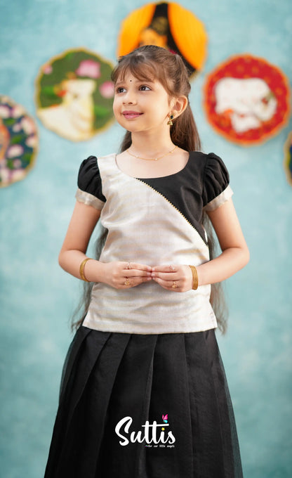 Izhaiyini - Tone Of Black And Silver Tissue Organza Pavadai Sattai Kids-Suttis